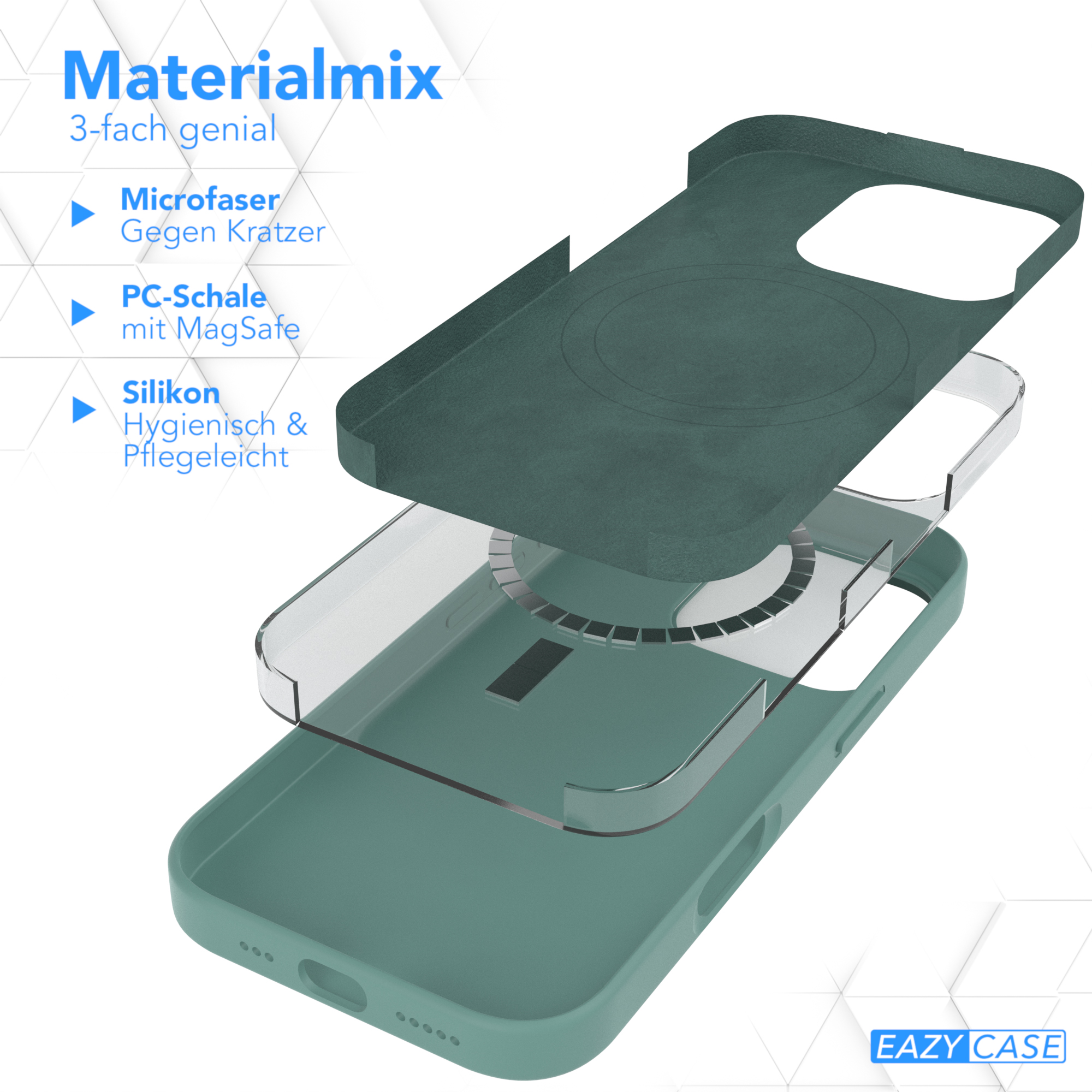 Grüne Handyhülle in Schichten, mit Mikrofaser, PC-Schale mit MagSafe und Silikon.