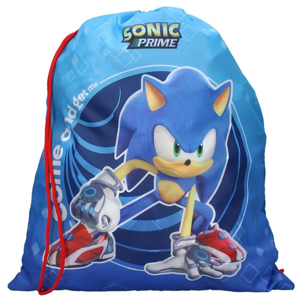 Ein blauer Sonic Prime-Kordelzugbeutel mit Sonic dem Igel darauf.
