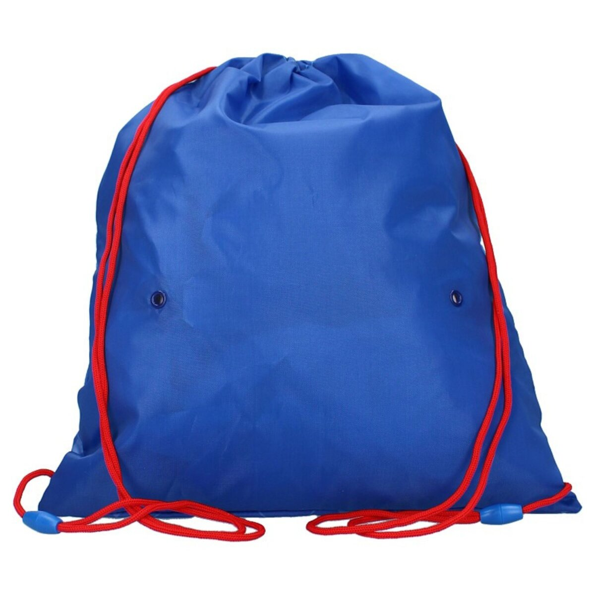 Ein blauer Kordelzugbeutel mit roten Kordeln. Es gibt zwei Ösen an der Tasche.