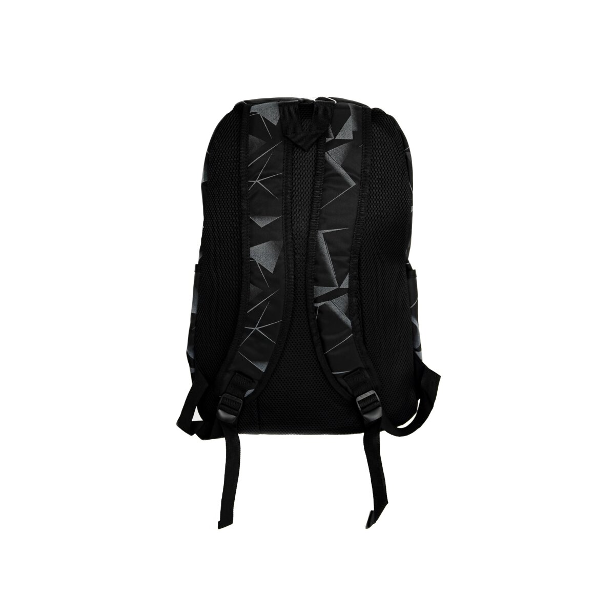 Schwarzer Rucksack mit geometrischem Design auf dem Rücken, Trägern und einem Mesh-Rückenteil.