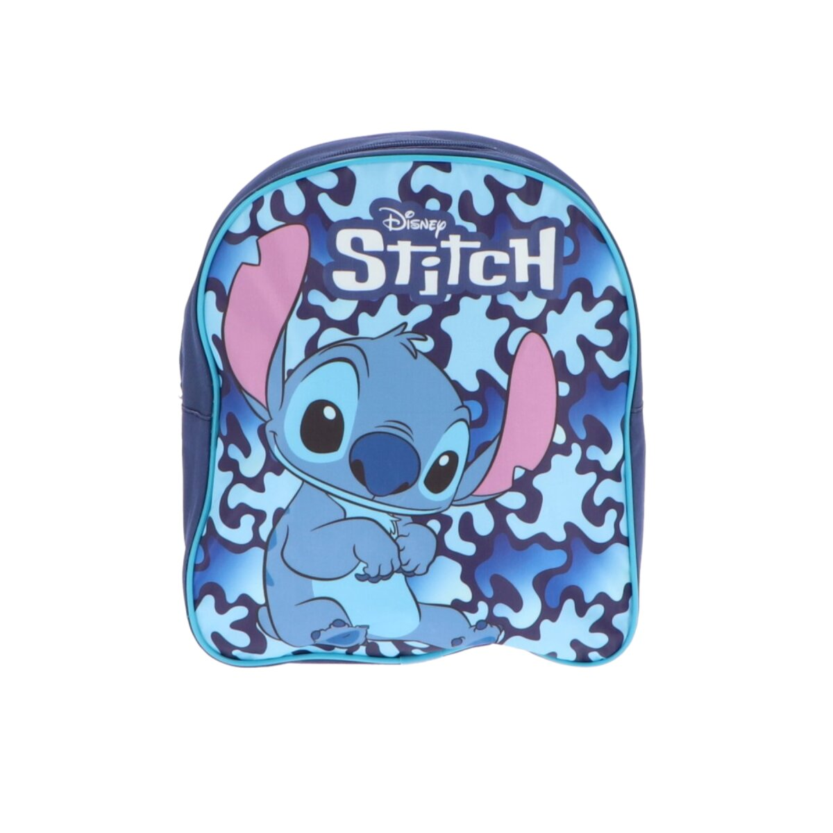 Blauer Stitch-Rucksack auf weißem Hintergrund. Stitch-Figur auf der Vorderseite. Disney-Logo.