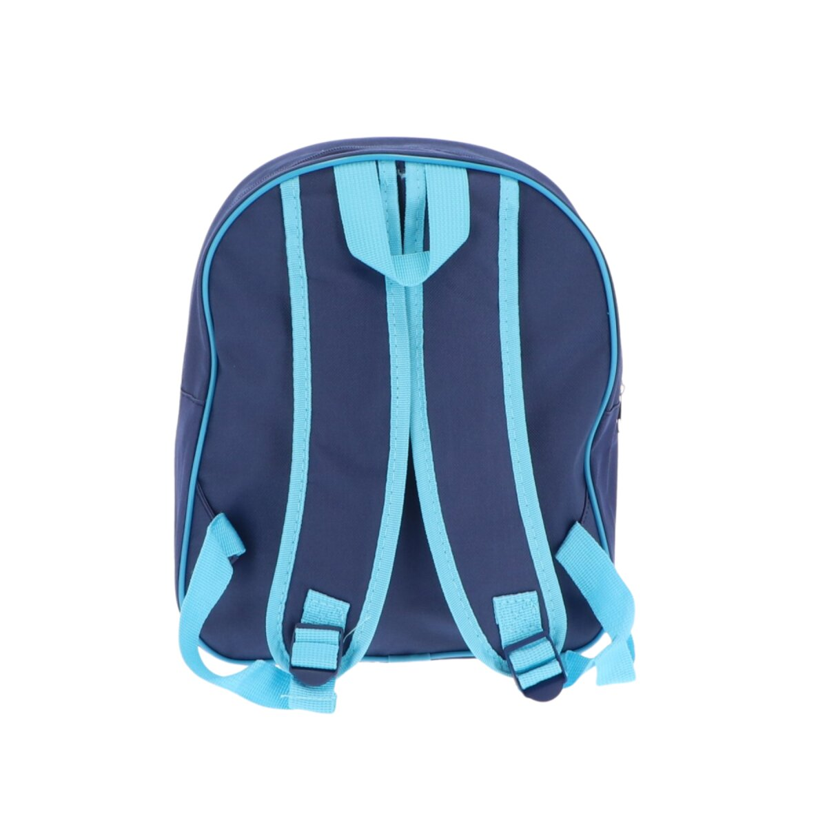 Blauer Rucksack mit hellblauen Trägern und Schnallen, weißer Hintergrund.