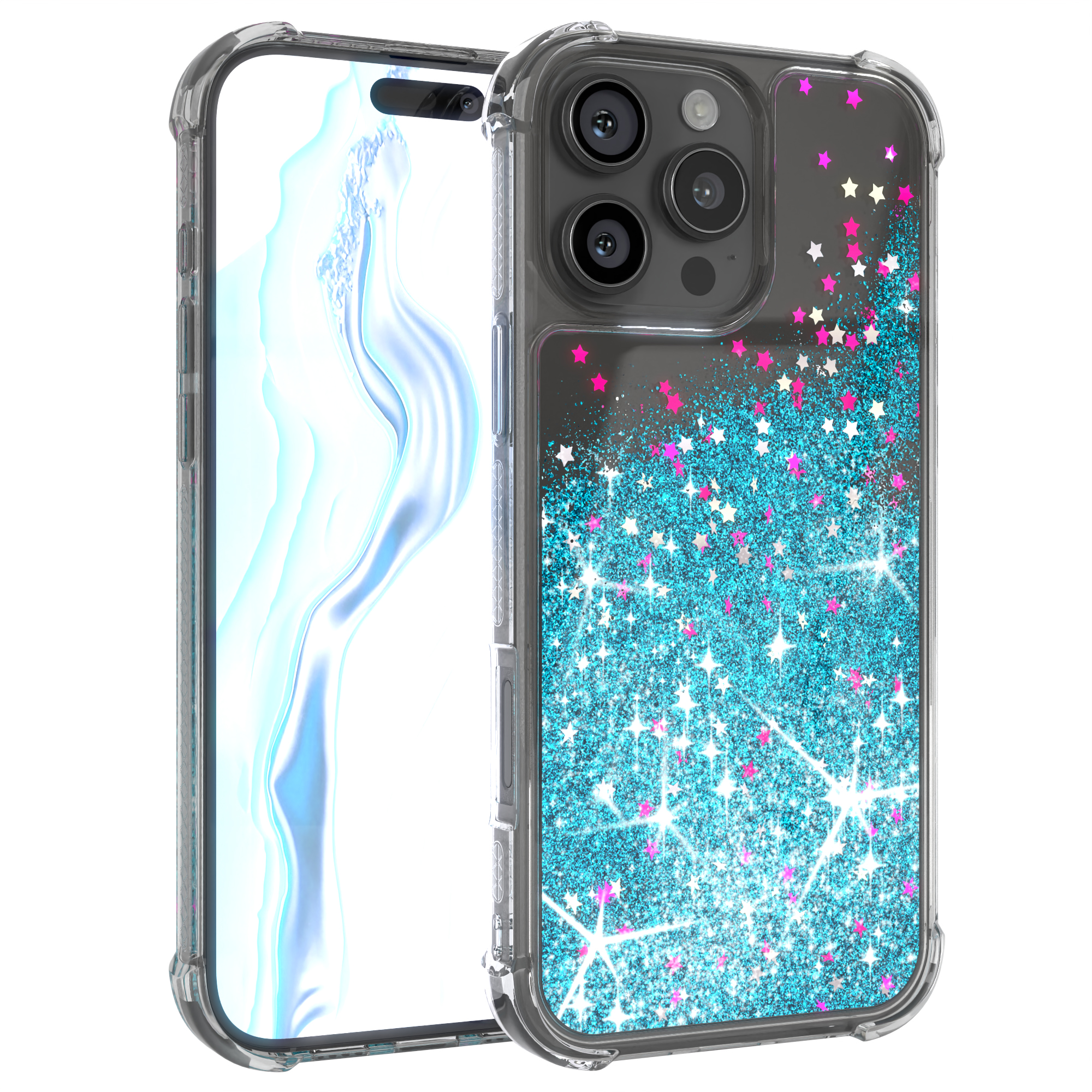 Transparente Handyhülle mit glitzerndem blauem, rosa und weißen Sternenmuster.