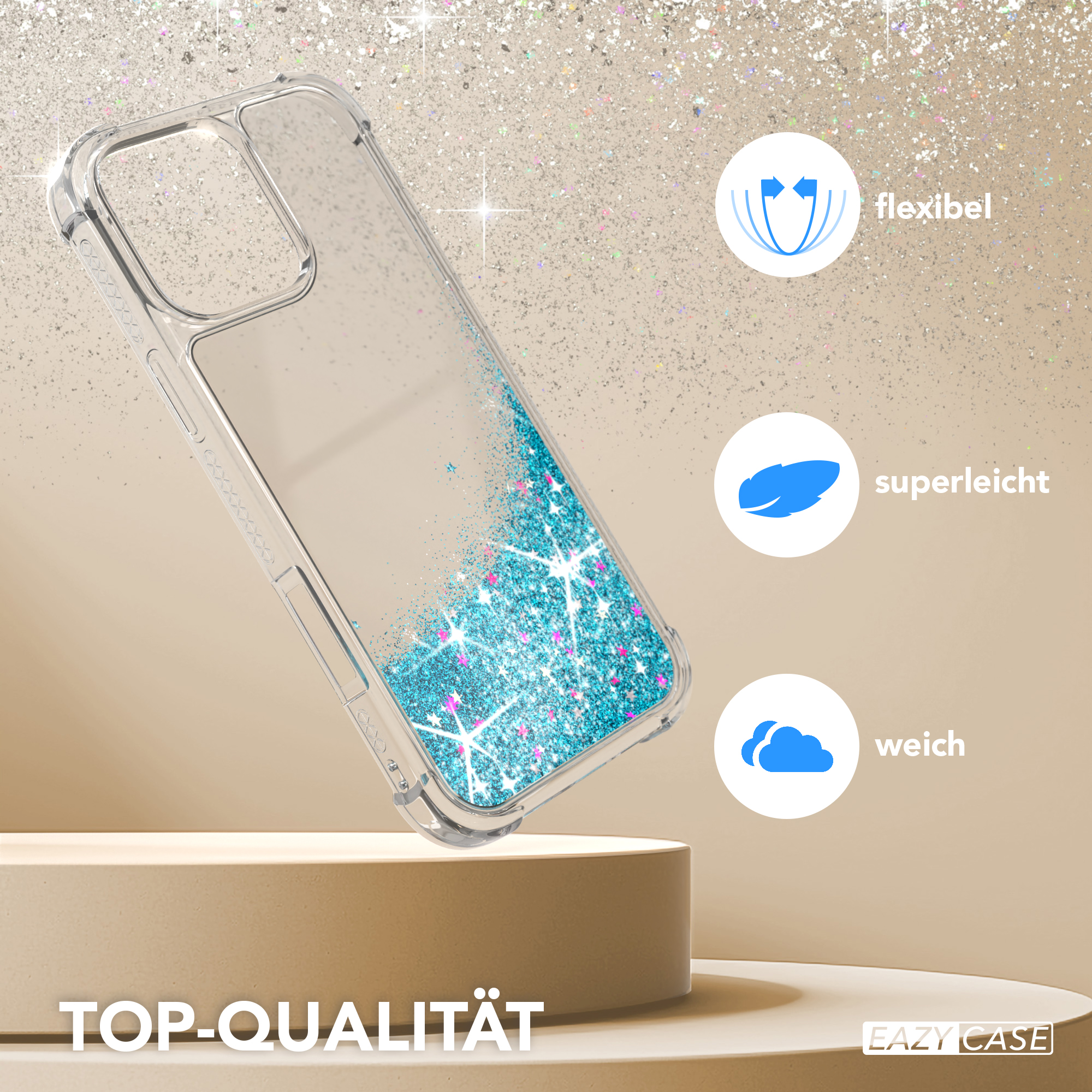 Transparente Handyhülle mit blauem Glitzer auf einem Ständer. Eigenschaften: flexibel, leicht und weich.