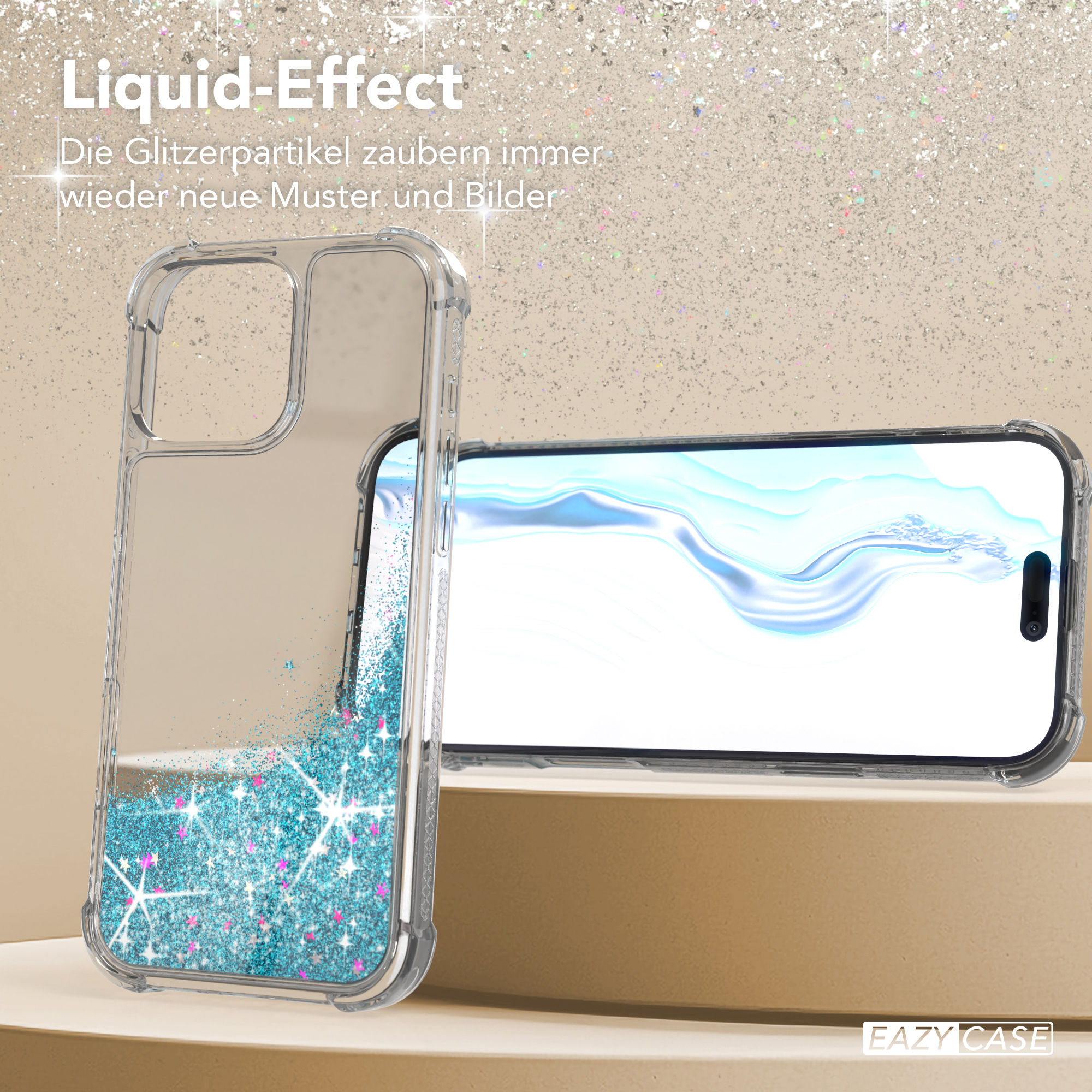 Transparente Handyhülle mit blauem Glitzer-Flüssigkeit. Ein Handy ist drin. Hintergrund beige.