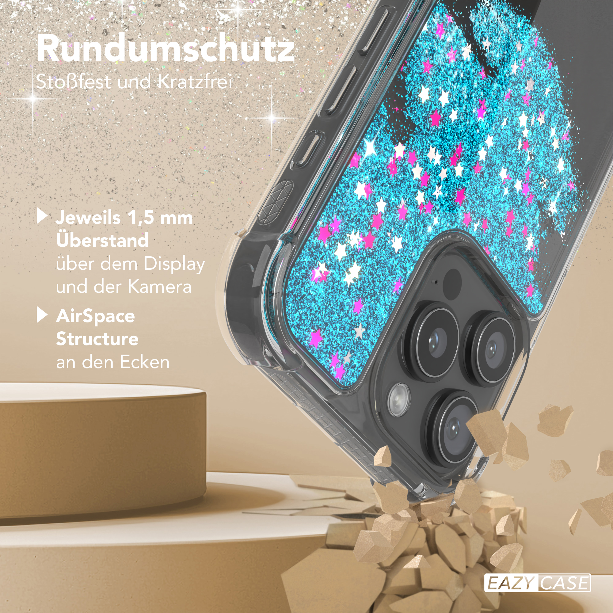 Eine Handyhülle mit Glitzer und Sternen, die auf eine Oberfläche aus Bruchstücken fällt.