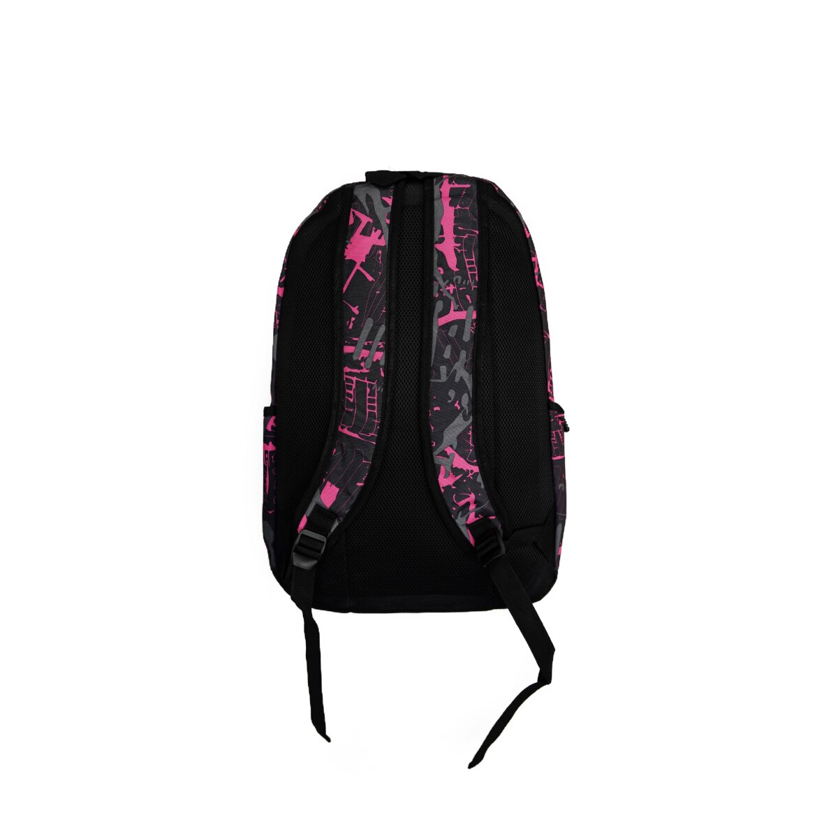 Schwarzer Rucksack mit pinkfarbenem Graffiti-Design. Rückengurte sind sichtbar.