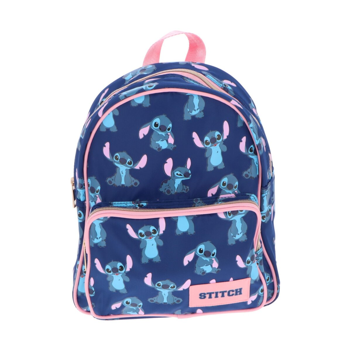 Marineblauer Rucksack mit Stitch-Muster, pinkfarbenen Verzierungen und Stitch-Logo.