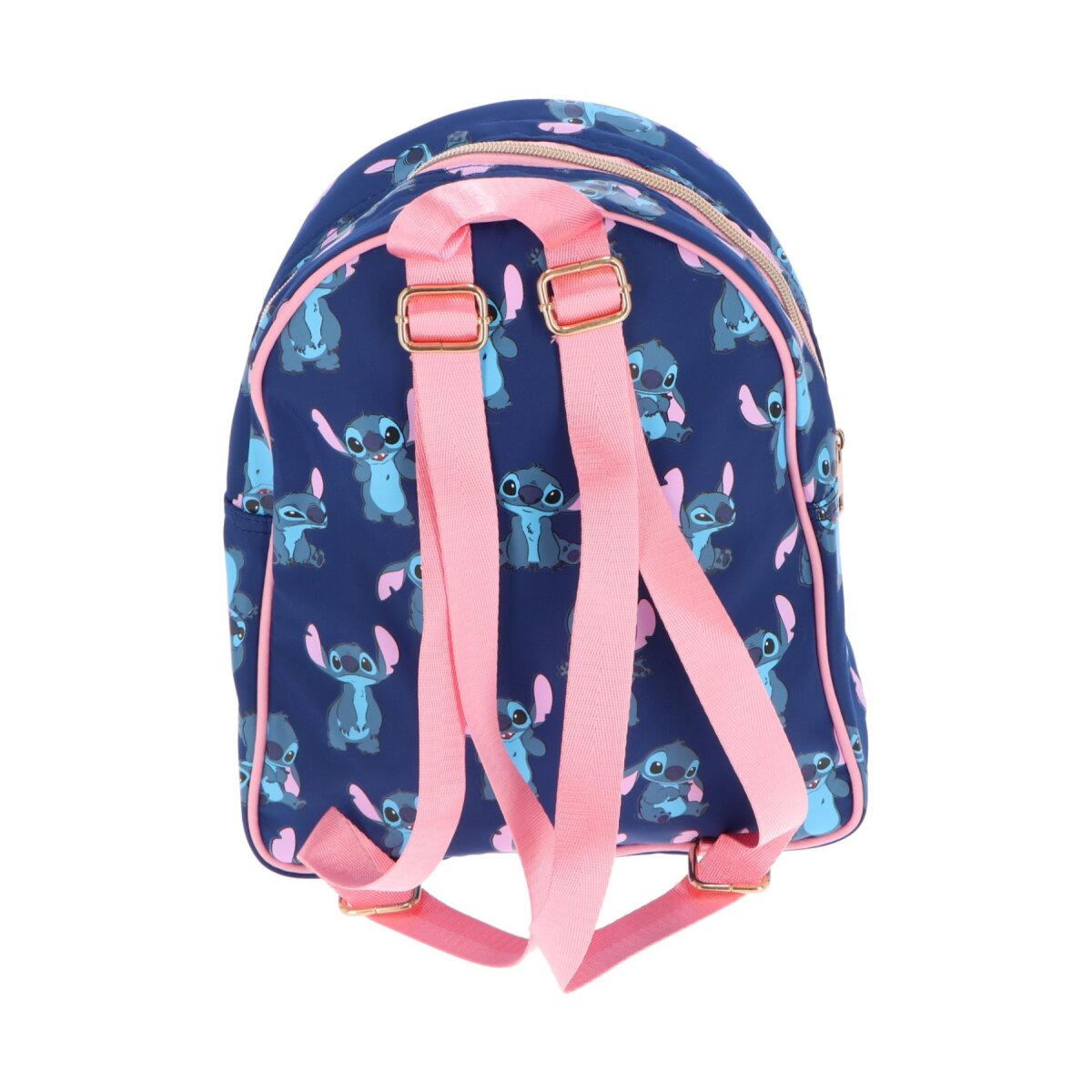 Blauer Rucksack mit rosa Trägern, verziert mit einem Stitch-Muster.