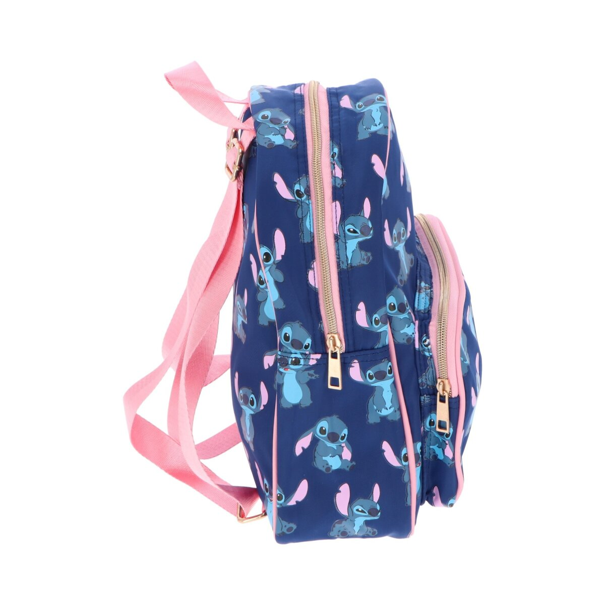 Blauer Rucksack mit Stitch-Muster und rosa Akzenten.