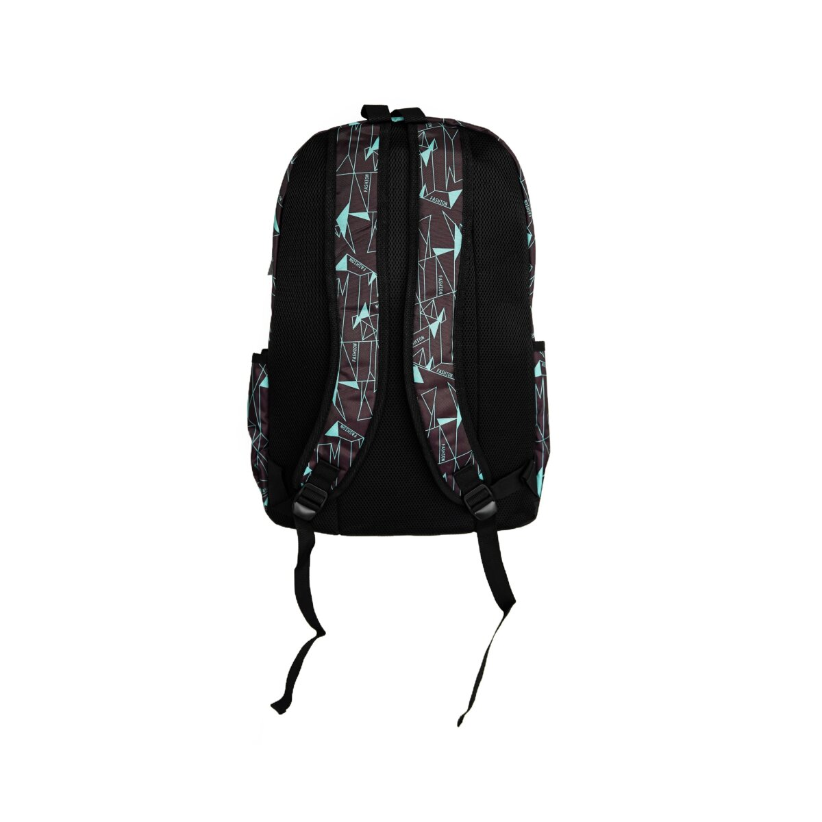 Rucksack mit geometrischem Muster, schwarzen Trägern und Seitentaschen.