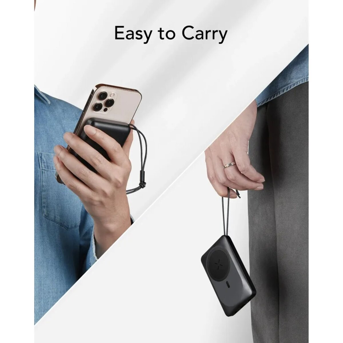 Personen halten ein Telefon und eine kleine schwarze Powerbank mit schwarzem Riemen. Einfach zu tragen.