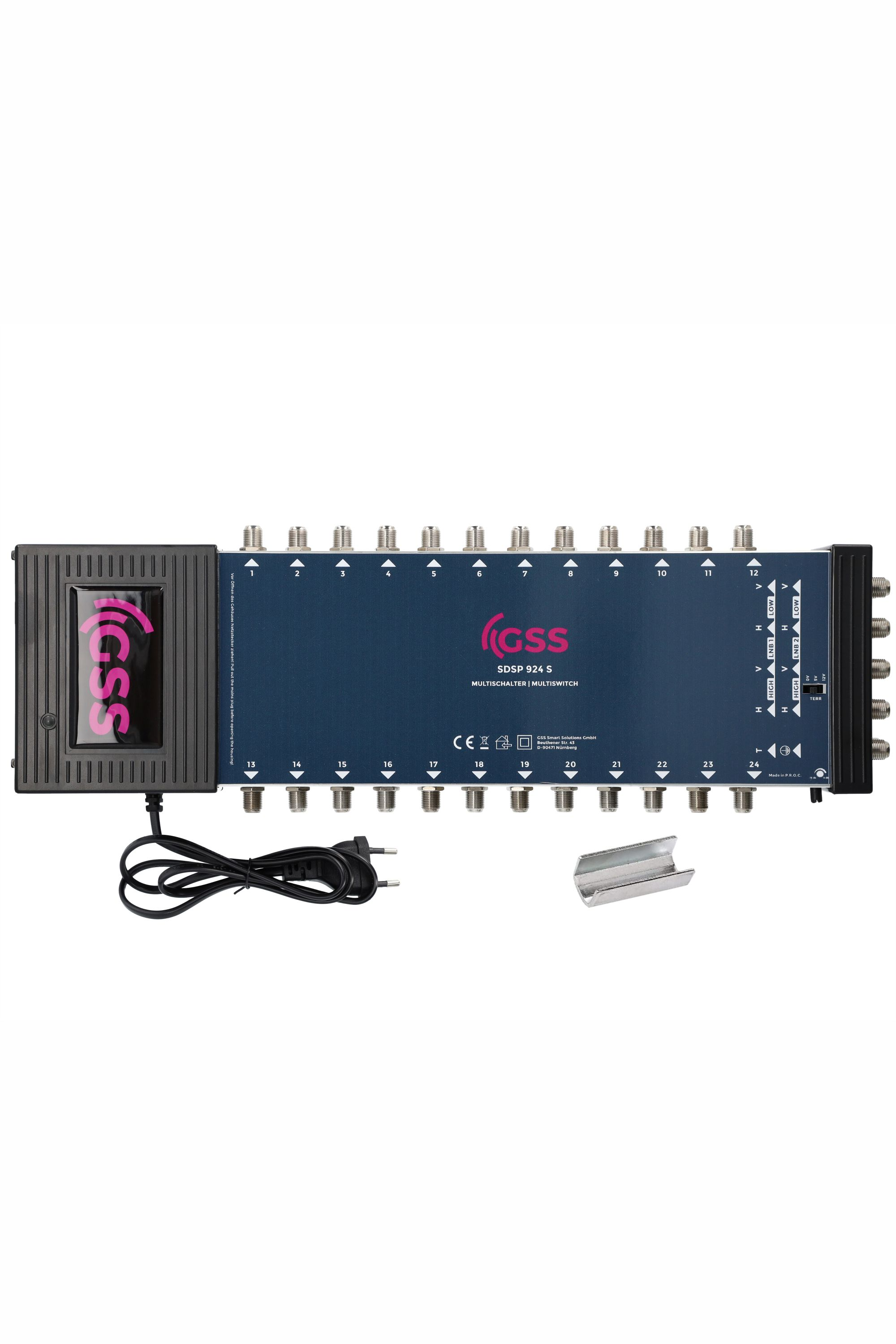 Ein Multi-Switch-Gerät mit mehreren Anschlüssen, Kabeln und Steckern. Schwarze und blaue Farben.
