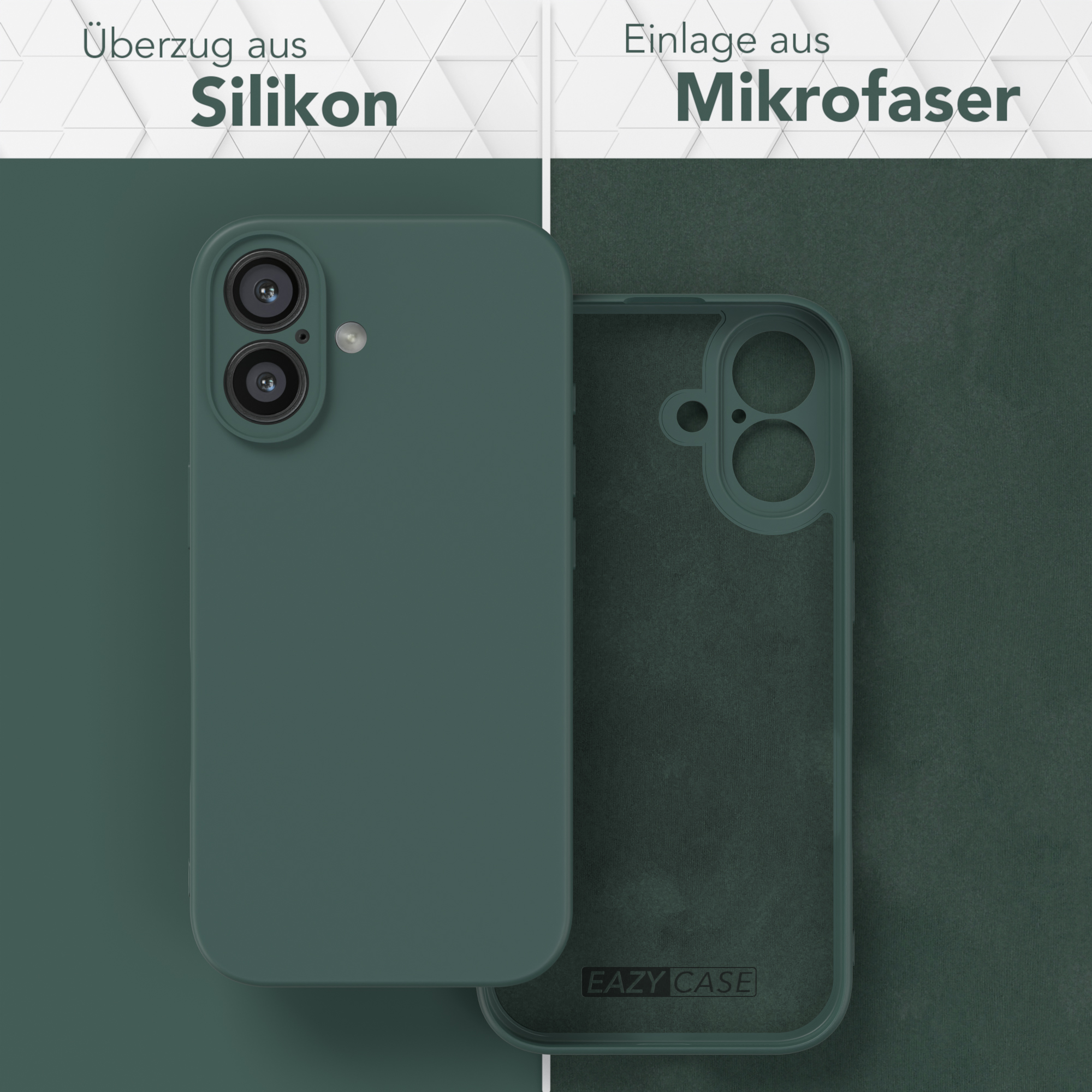 Eine Handyhülle mit grünem Silikon außen und Mikrofaser innen.