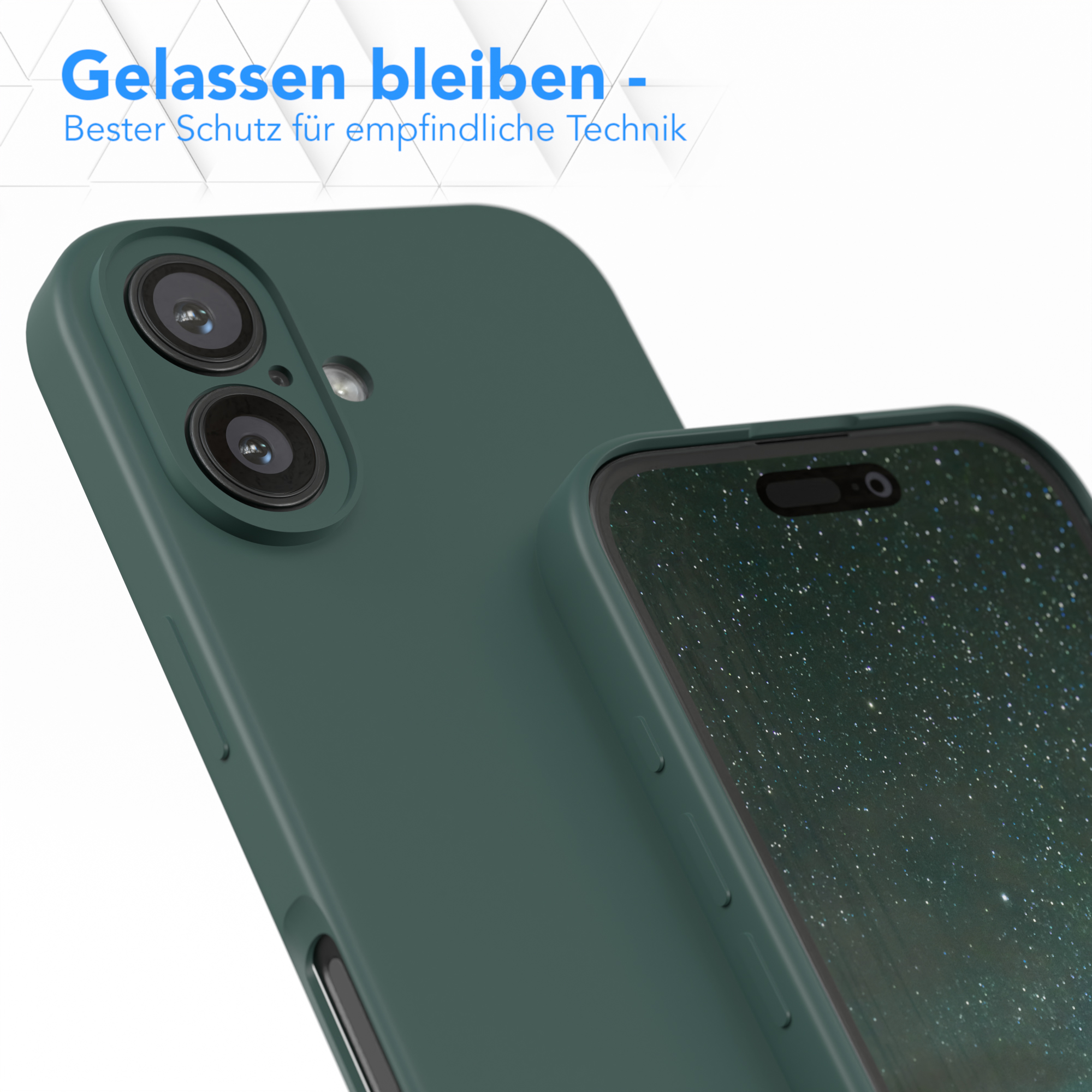 Grüne Handyhülle und Telefon. Grüne Hülle auf grünem Hintergrund. Telefon ist sichtbar.