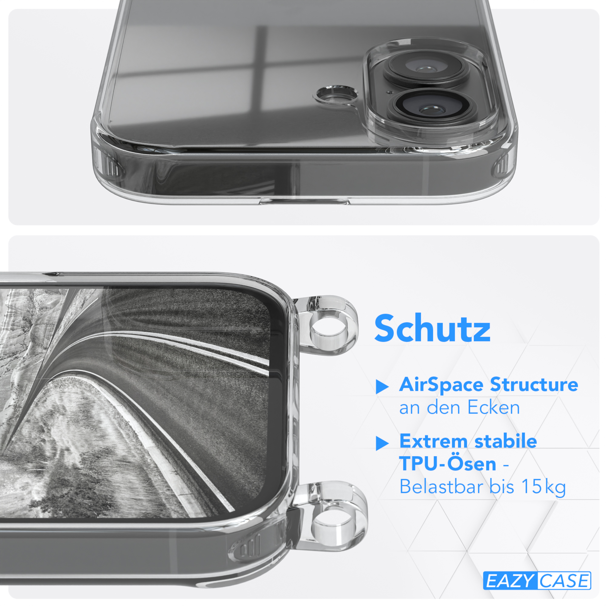 Transparente Handyhülle mit Strukturdetail. Text über Schutzfunktionen. Fokus auf die Hülle.