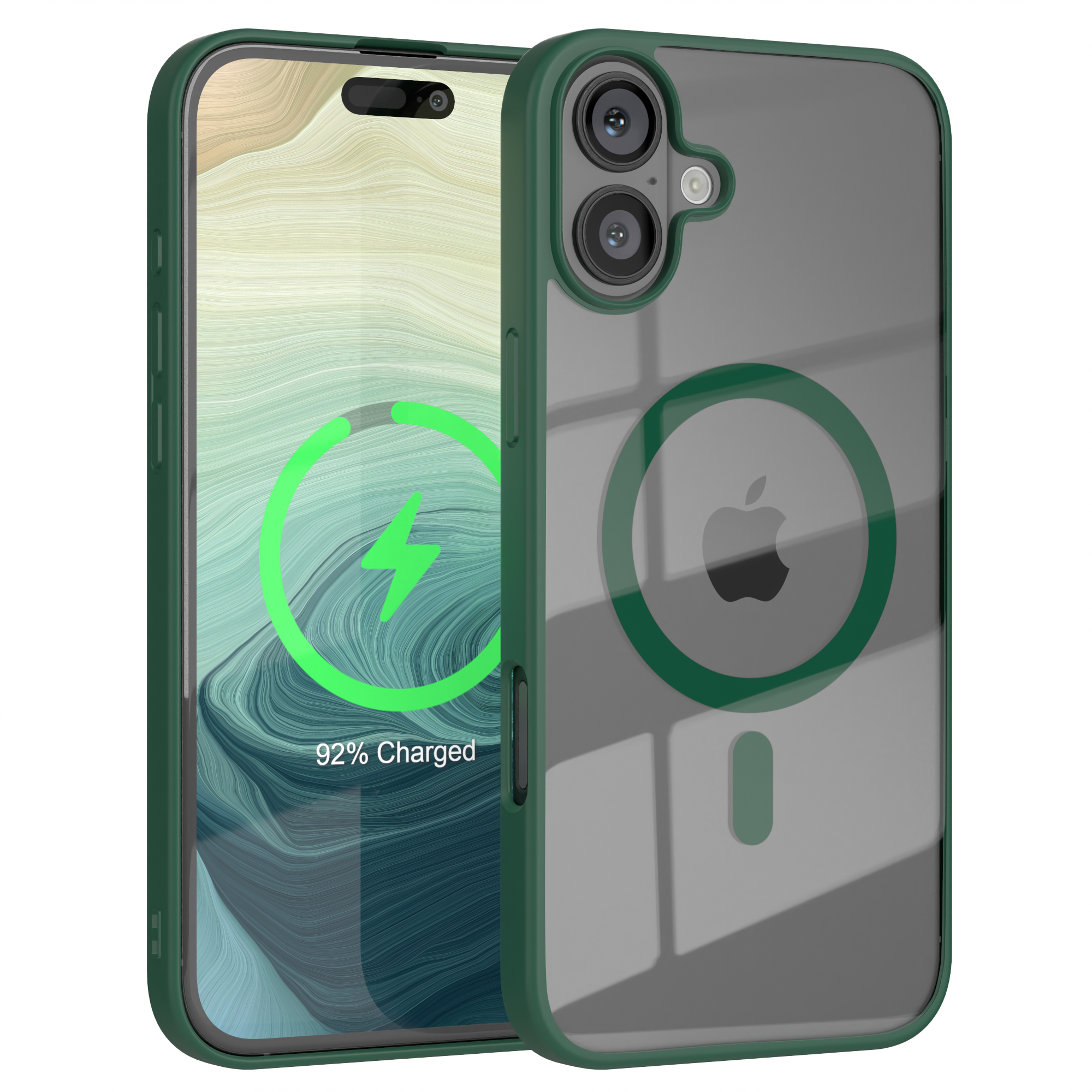 Telefon in grünem Gehäuse, lädt. Rückseite zeigt Apple-Logo und Ladeanzeige.