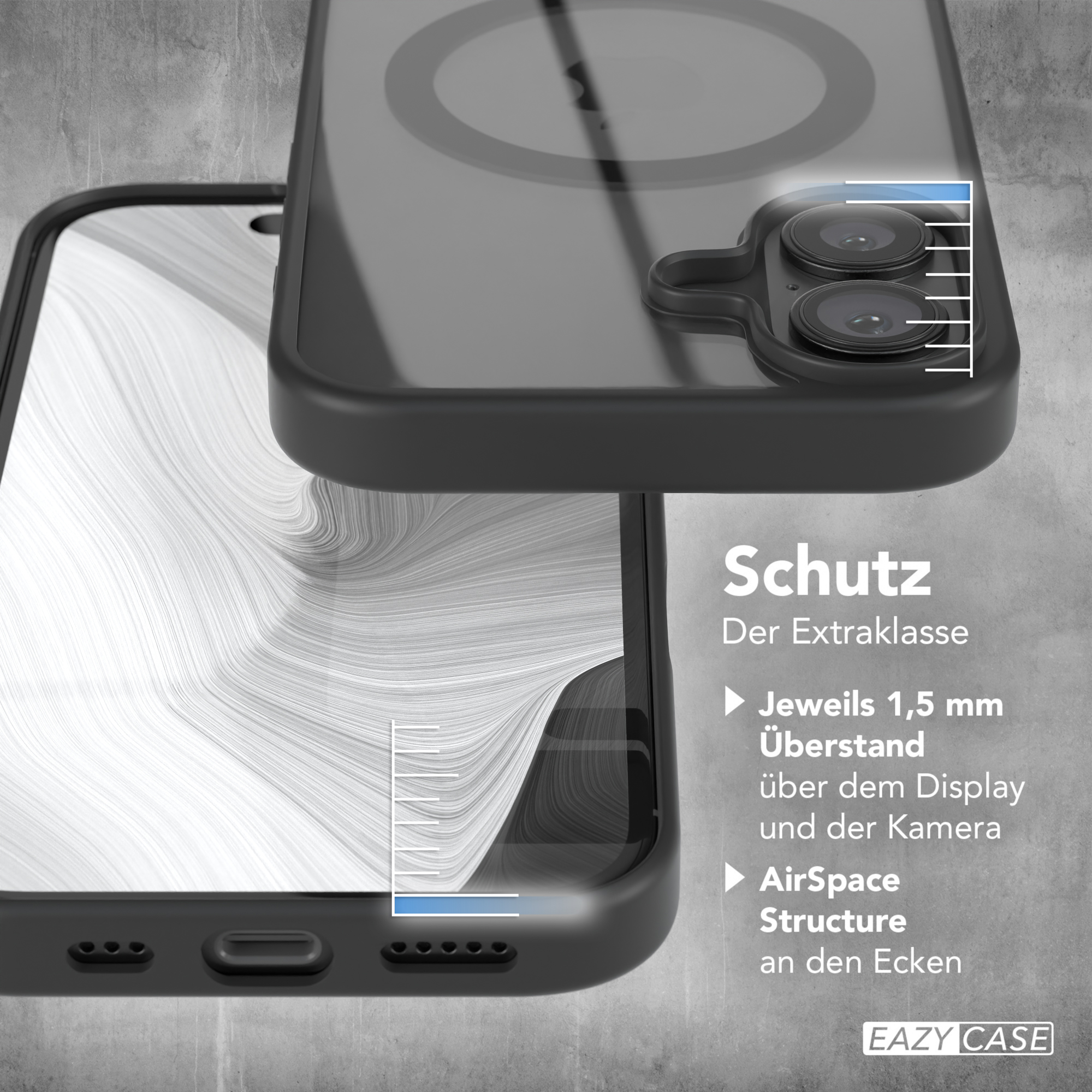 Schwarze Handyhülle auf einem Telefon, mit deutschem Text über Schutz und Struktur.