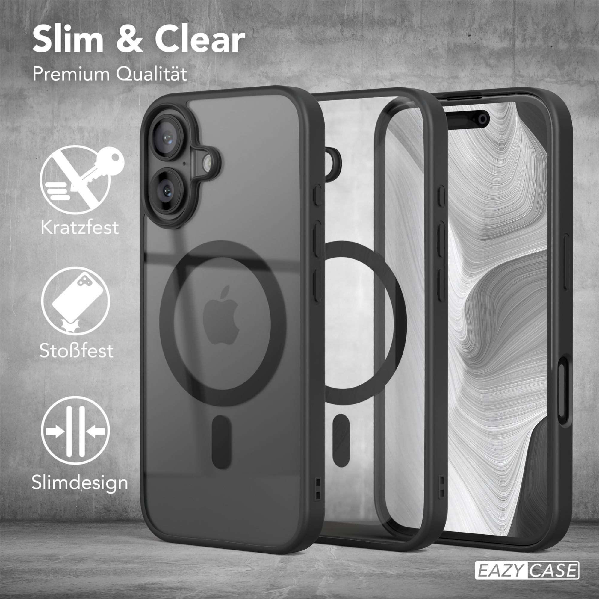 Handyhüllen, klar, schwarz und transparent, mit einem Telefonbild, neben einem Schlüssel-Icon.