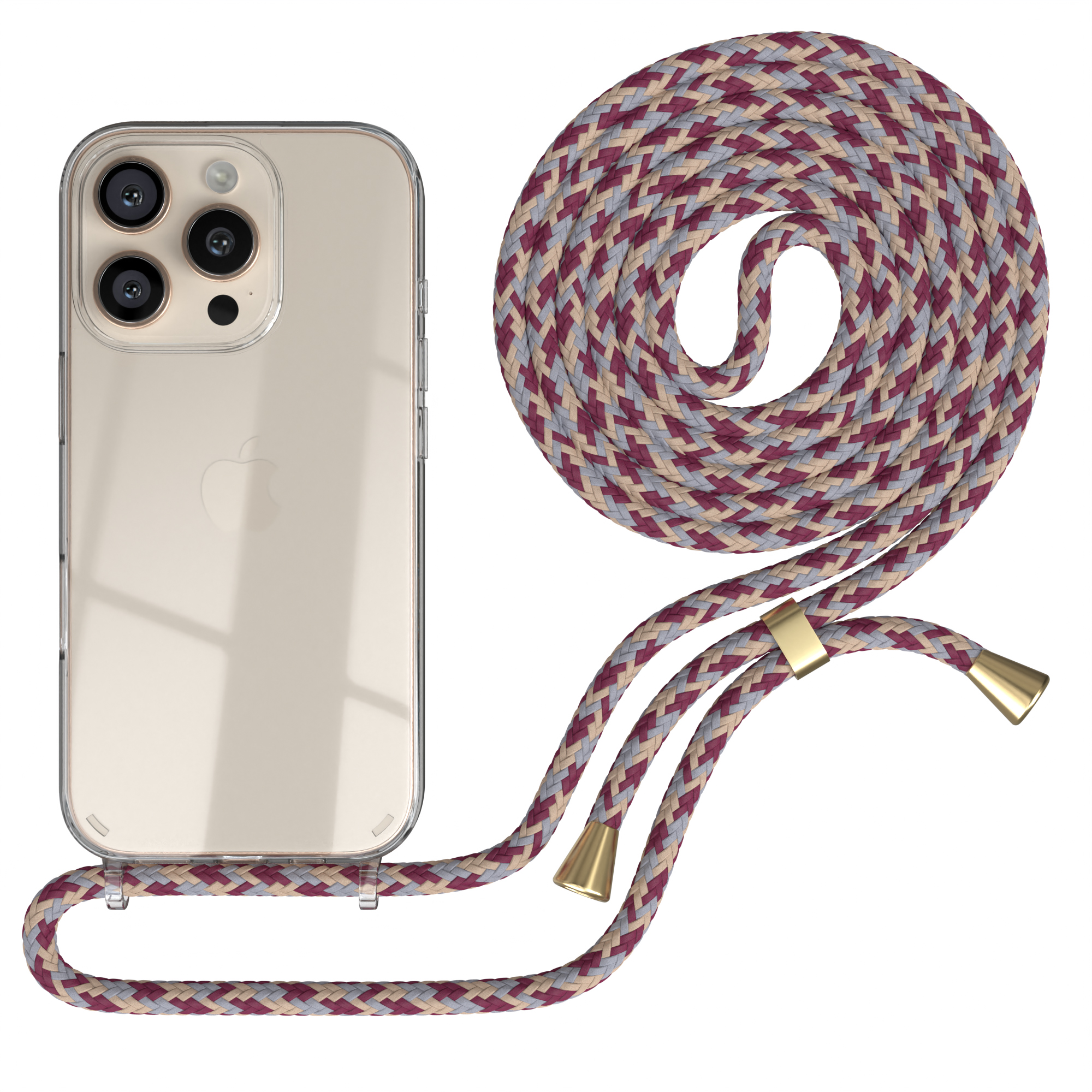 Telefon mit klarer Hülle und geflochtenem Riemen.