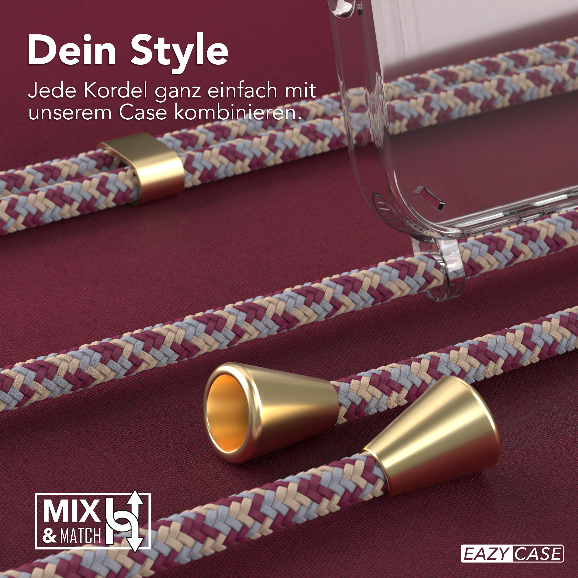 Handyhülle mit goldenen Details und Kordel. Weinrotes Kabel. Nahaufnahme der Hülle.