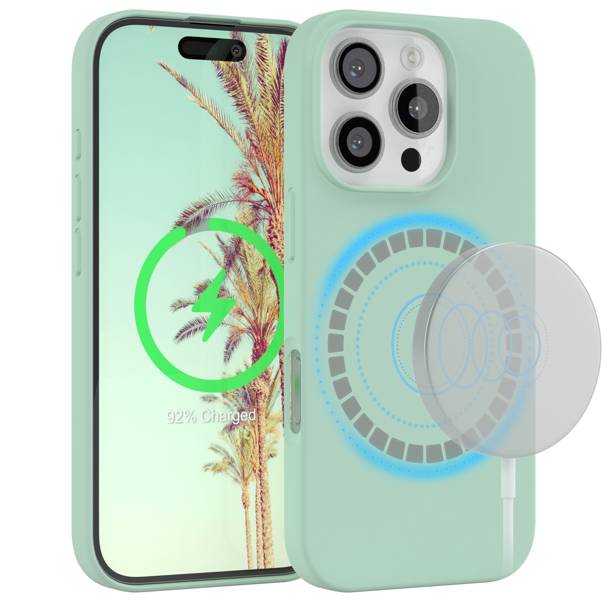 Minzgrüne Handyhülle mit Handy, Palmen und Ladegerät.