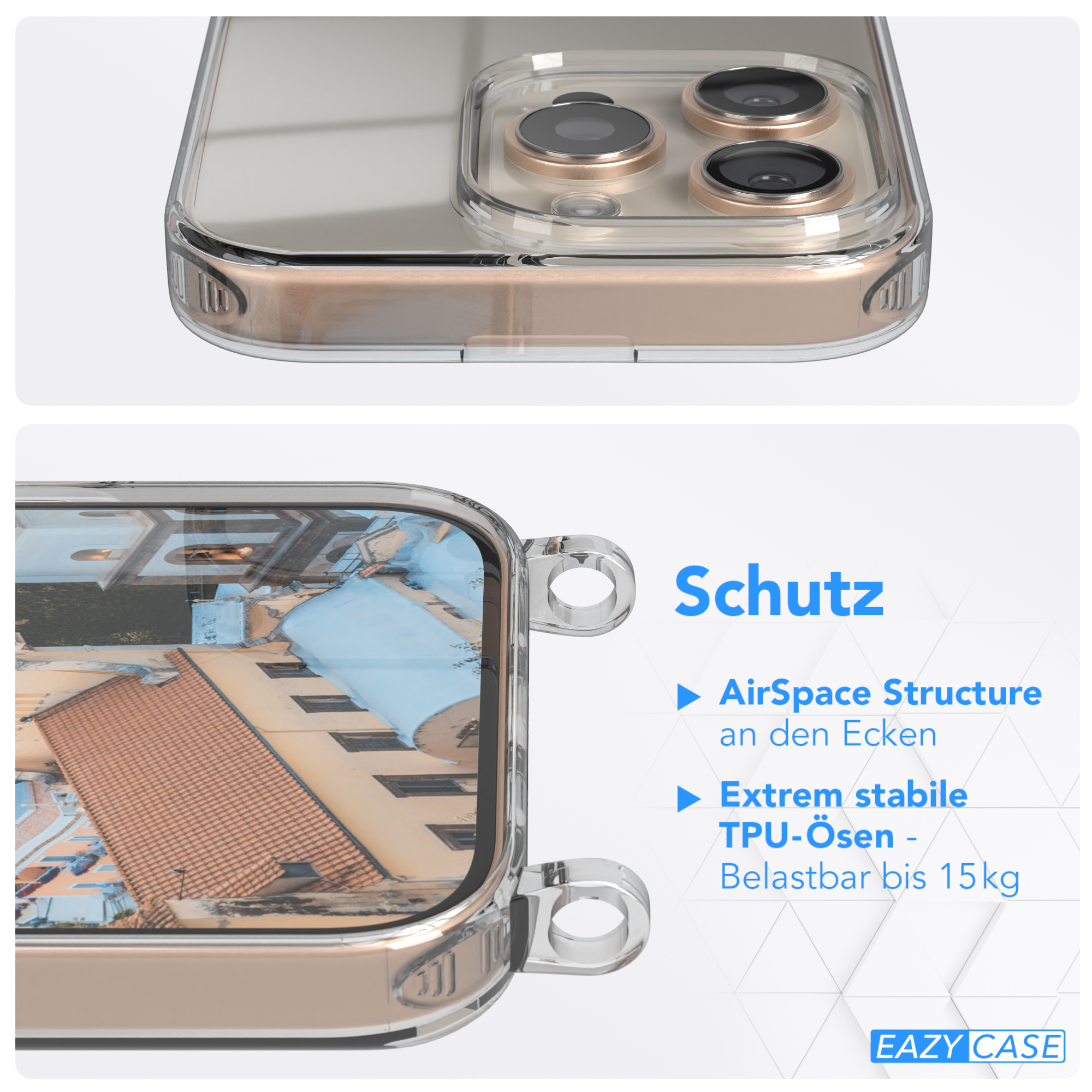 Eine transparente Handyhülle, die ein Telefon zeigt. Die Hülle hat einen goldenen Rahmen und eine Nahaufnahme.