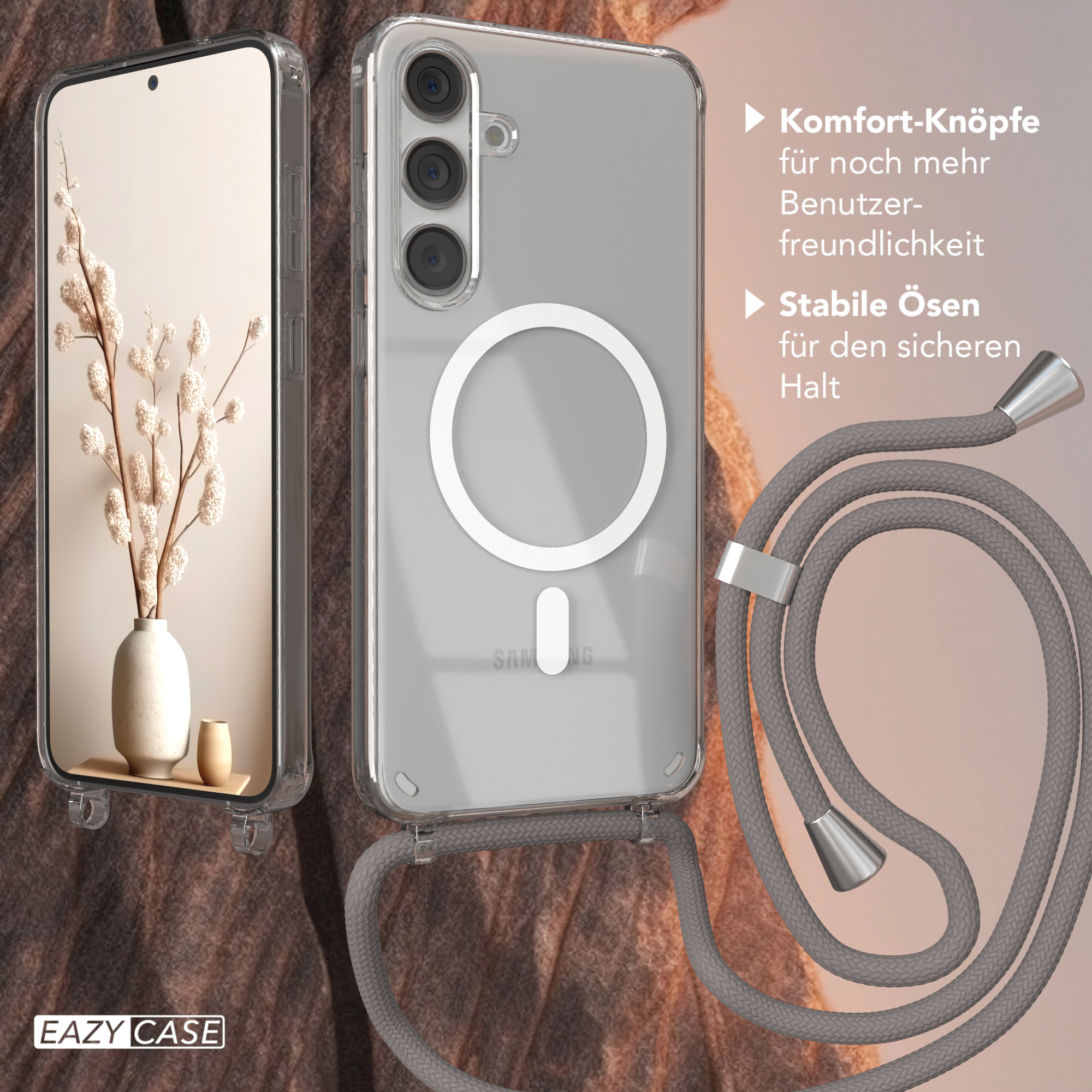 Handyhülle mit lila Rändern. Hülle auf einem Telefon mit weißer Rückseite.