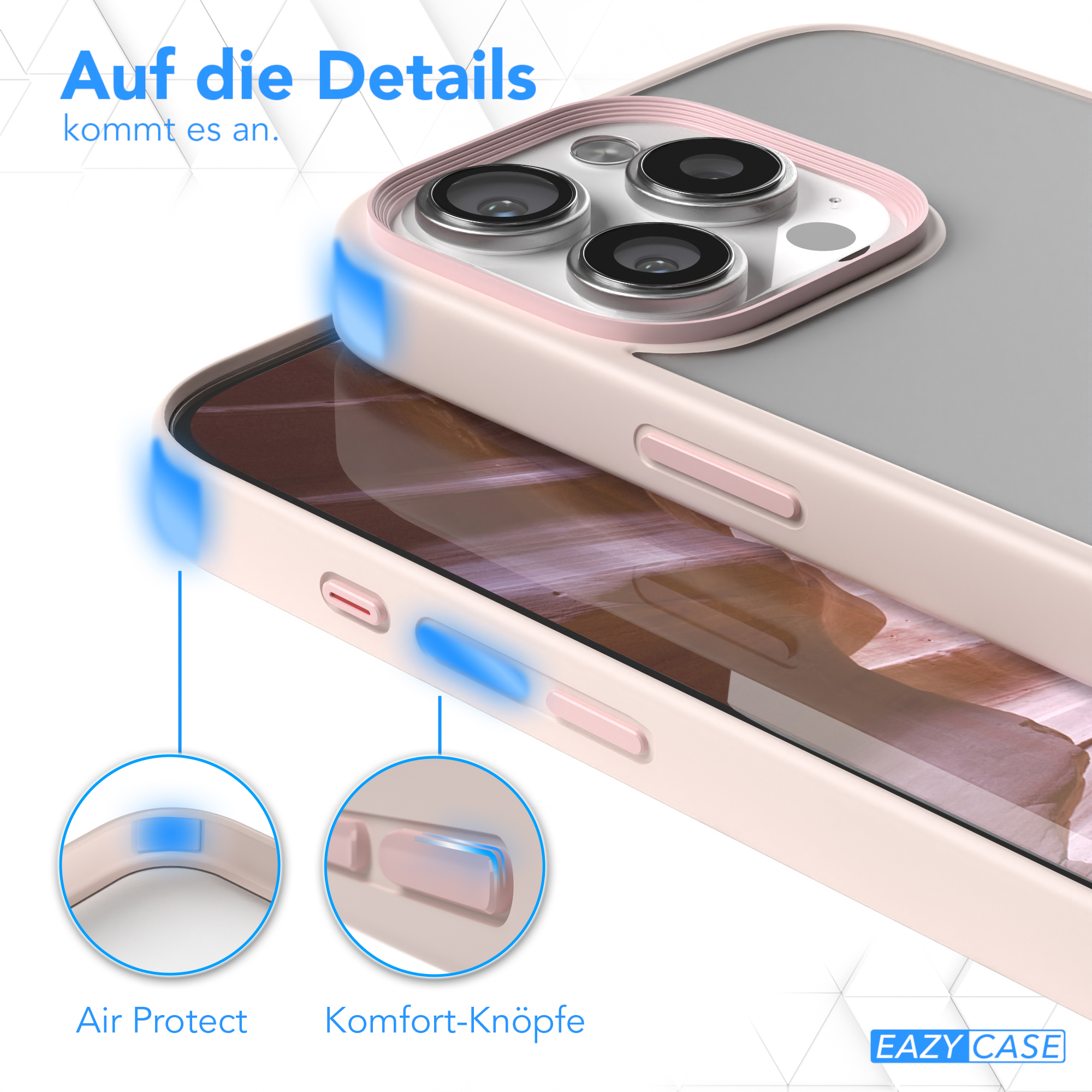 Nahaufnahme einer rosa Handyhülle mit Tasten und blauen Markierungen.
