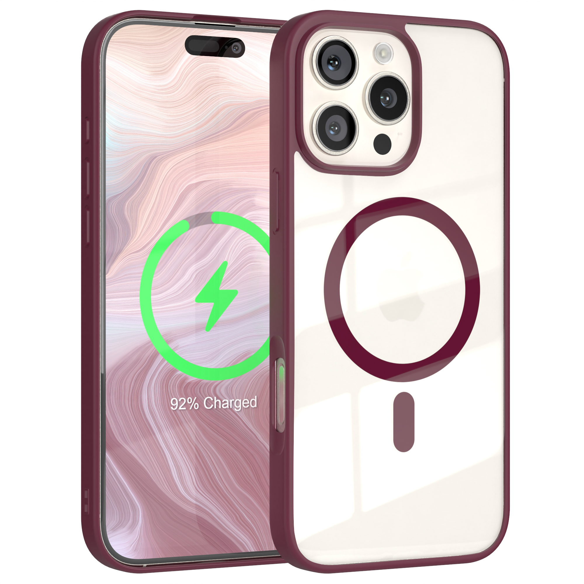 Telefon mit Hülle, das Telefon wird geladen. Hülle ist weinrot, Bildschirm hat grünes Ladesymbol.