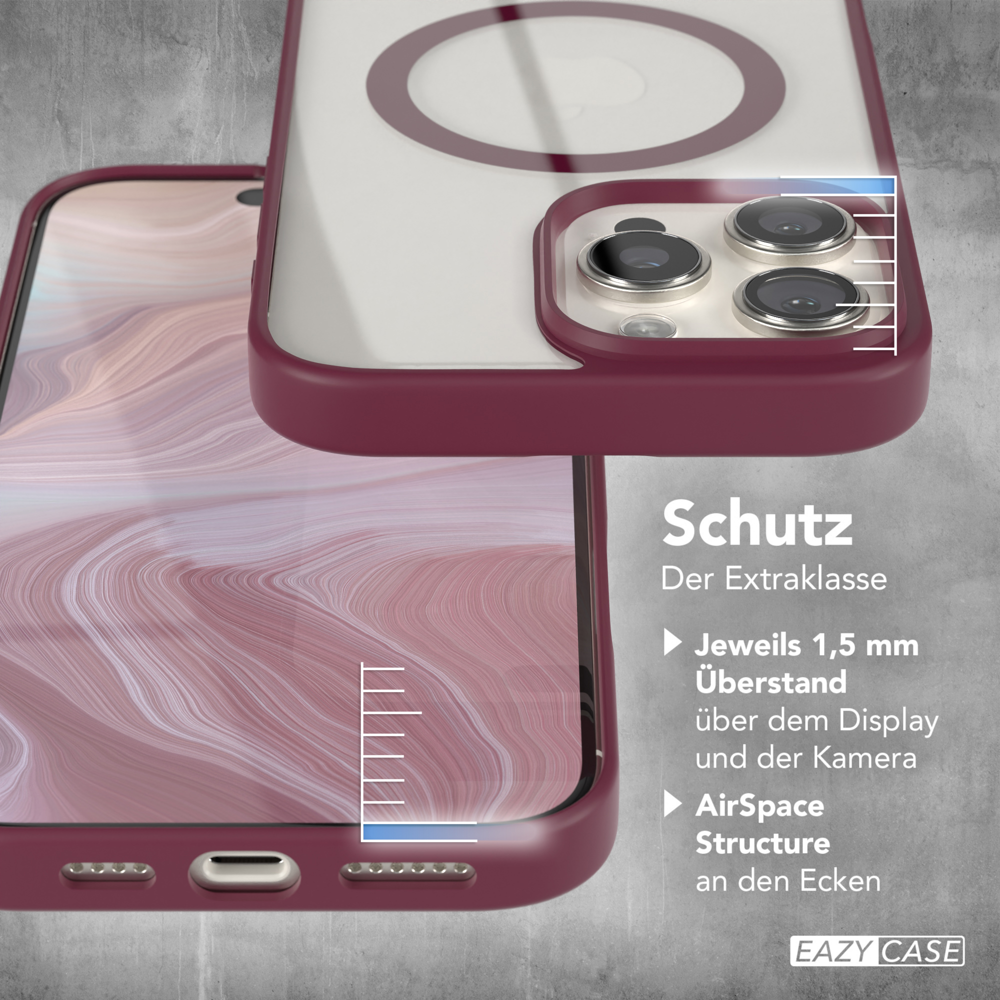 Nahaufnahme einer Handyhülle mit rotem Rand. Sie schützt das Telefon und die Kamera.