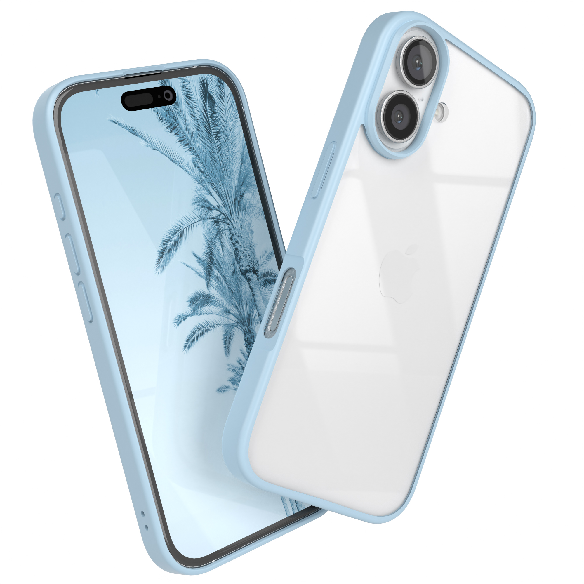 Telefon mit blauer Hülle, mit weißer Rückseite. Das Telefon befindet sich auf weißem Hintergrund.