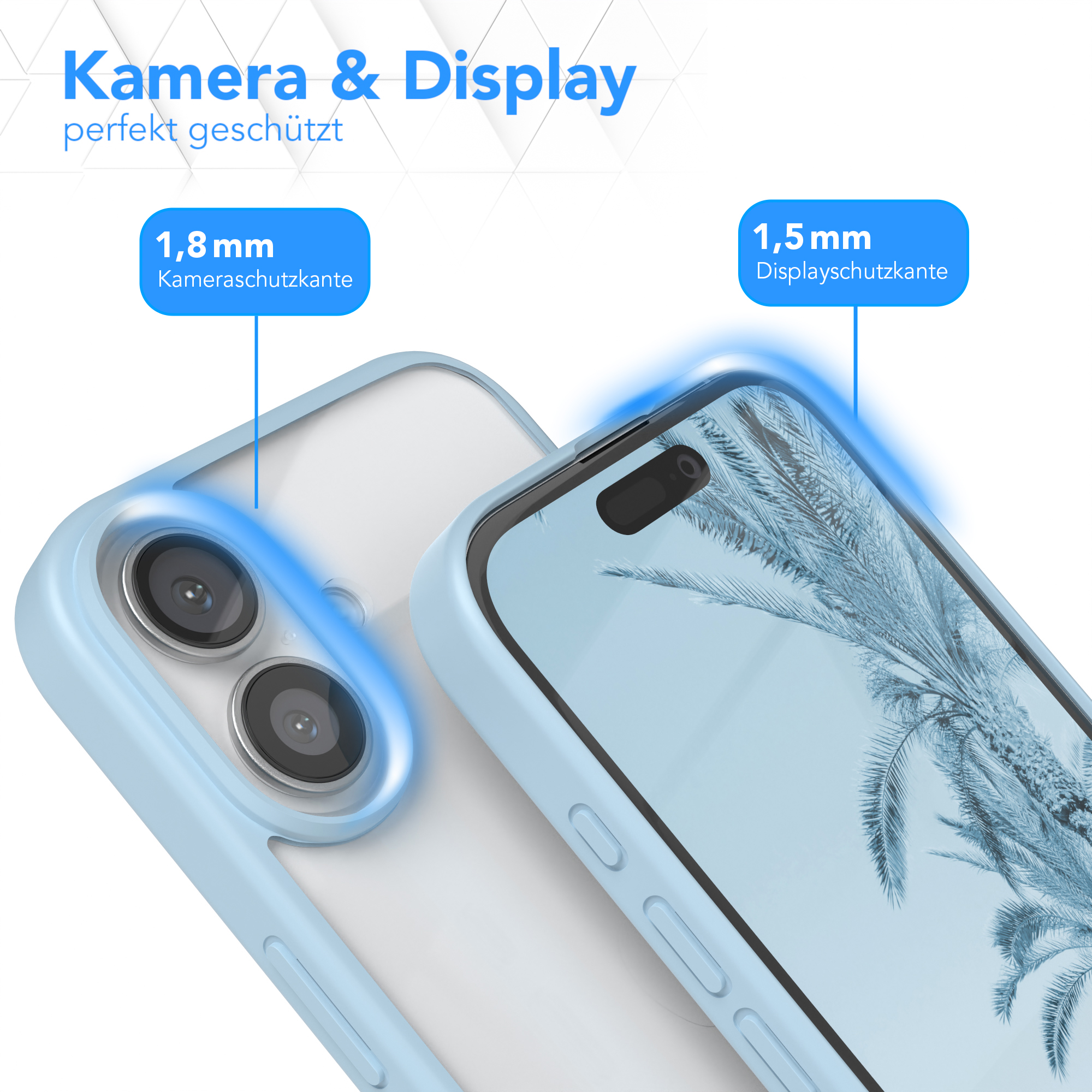 Nahaufnahme von zwei Handys mit Displayschutzfolien, ein Handy in einer blauen Hülle.