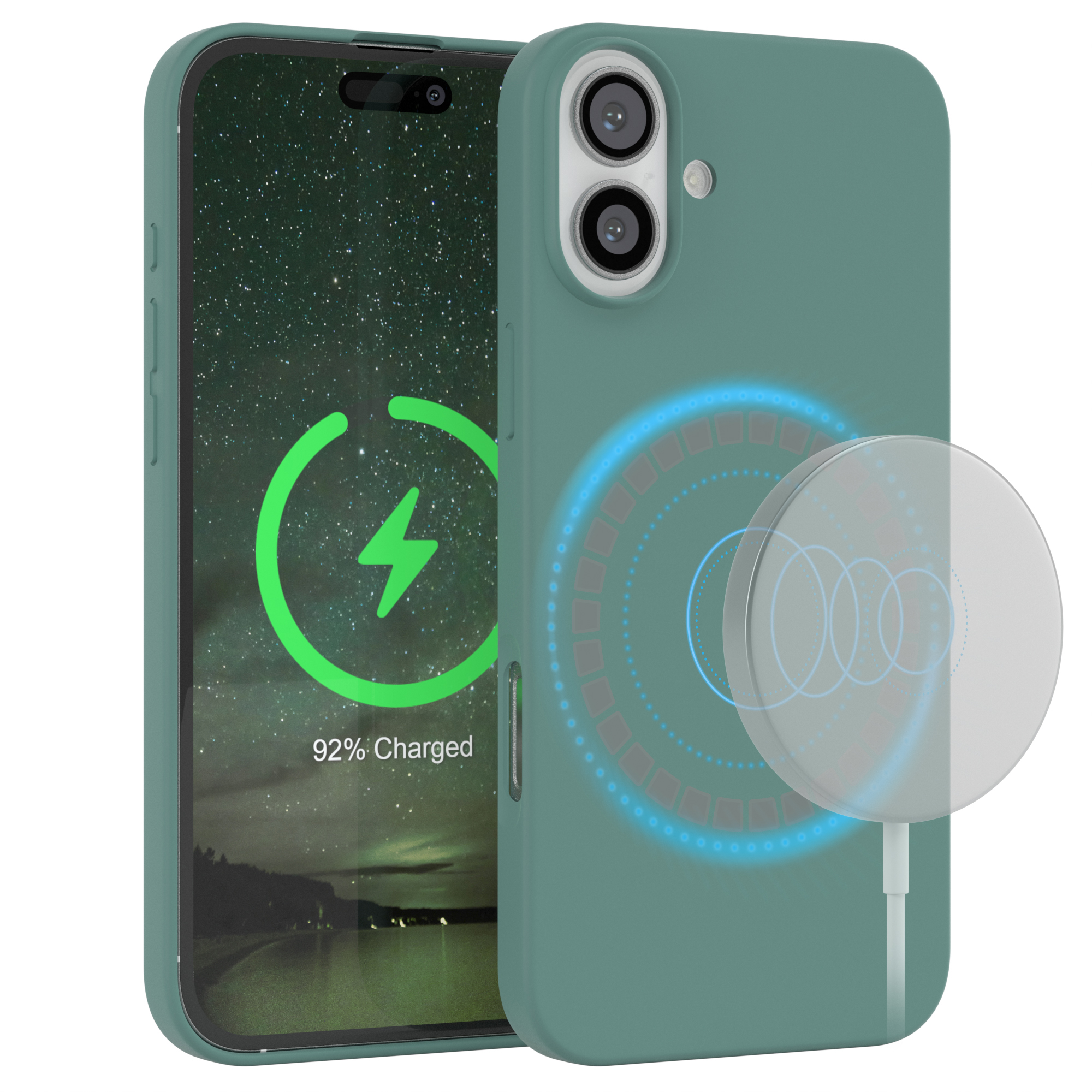 Eine grüne Handyhülle mit einem Telefon darin, das mit einer weißen Magnetscheibe geladen wird.