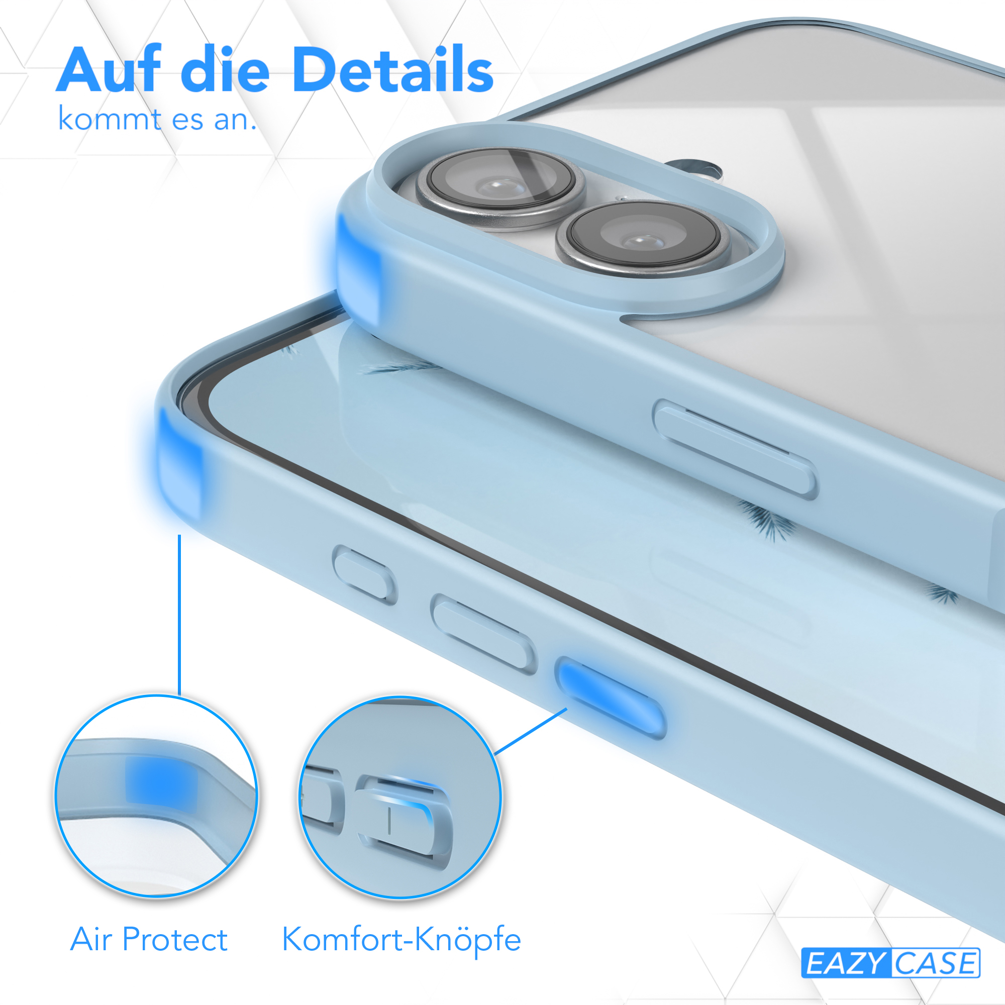 Nahaufnahme einer blauen Handyhülle mit Knöpfen und klarem Hintergrund.