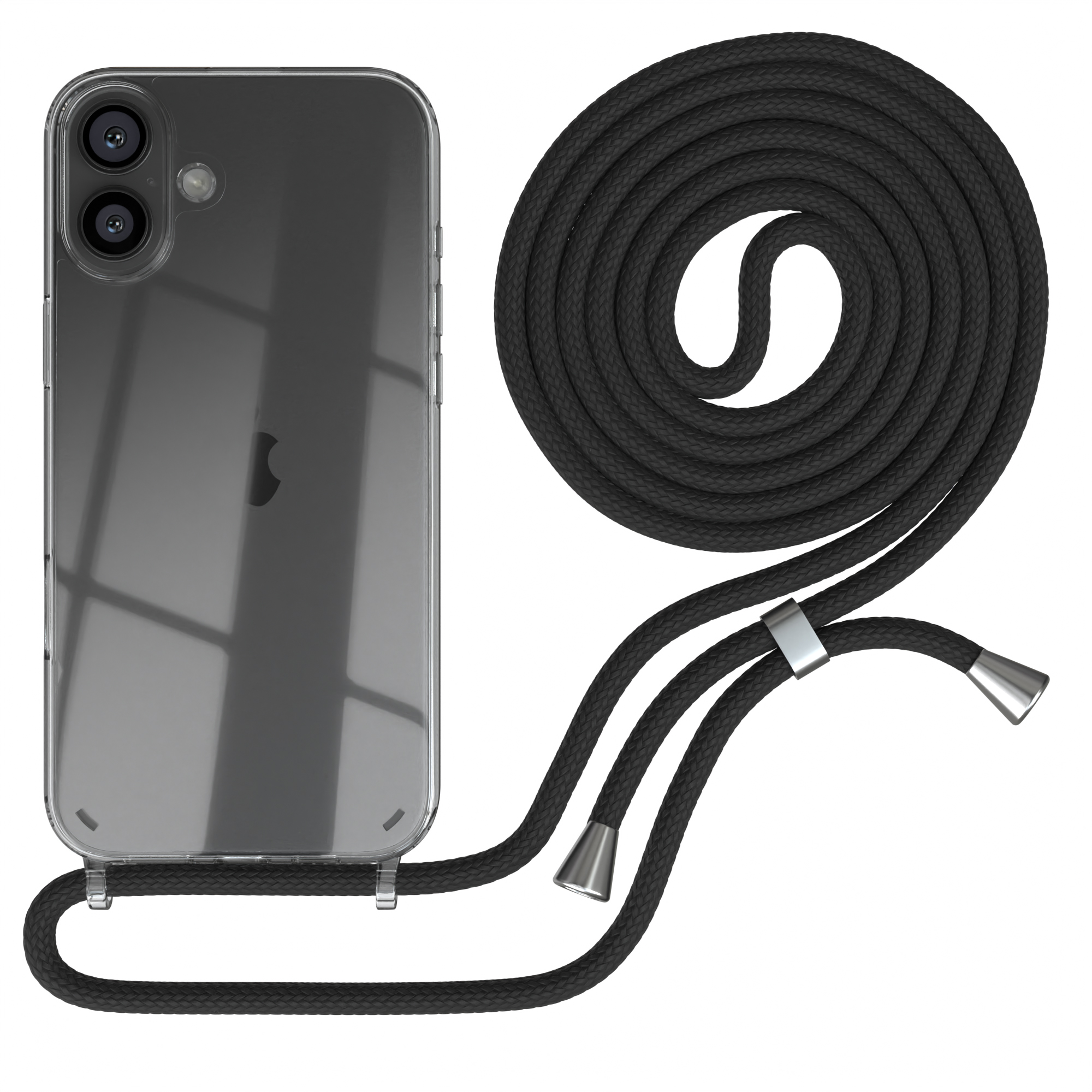 Transparente Handyhülle mit schwarzem Kordel. Die Kordel ist aufgerollt. Das Telefon zeigt das Apple-Logo.