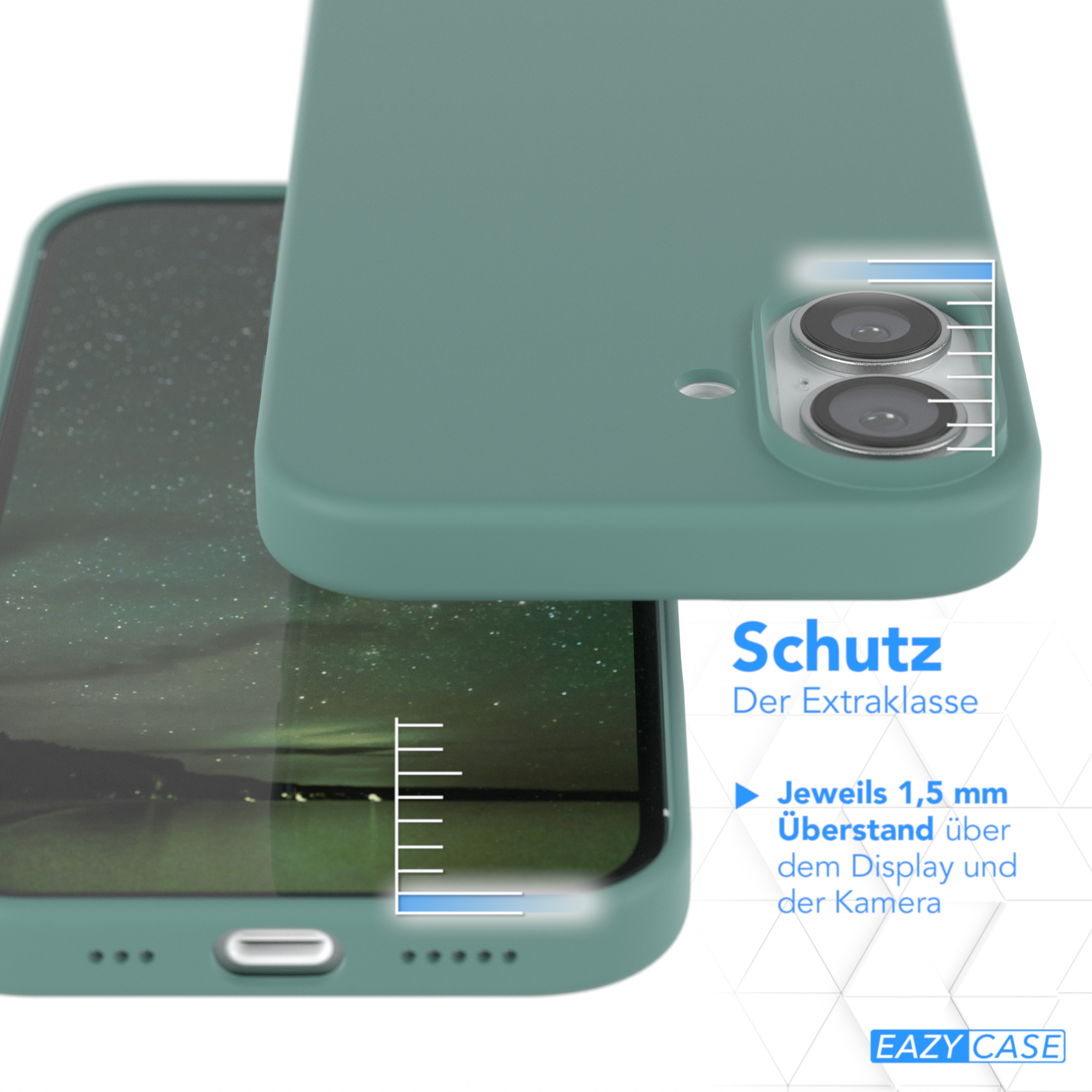 Grüne Handyhülle auf einem Telefon, Bildschirm zeigend. Text: Schutz, 1,5 mm über Display.