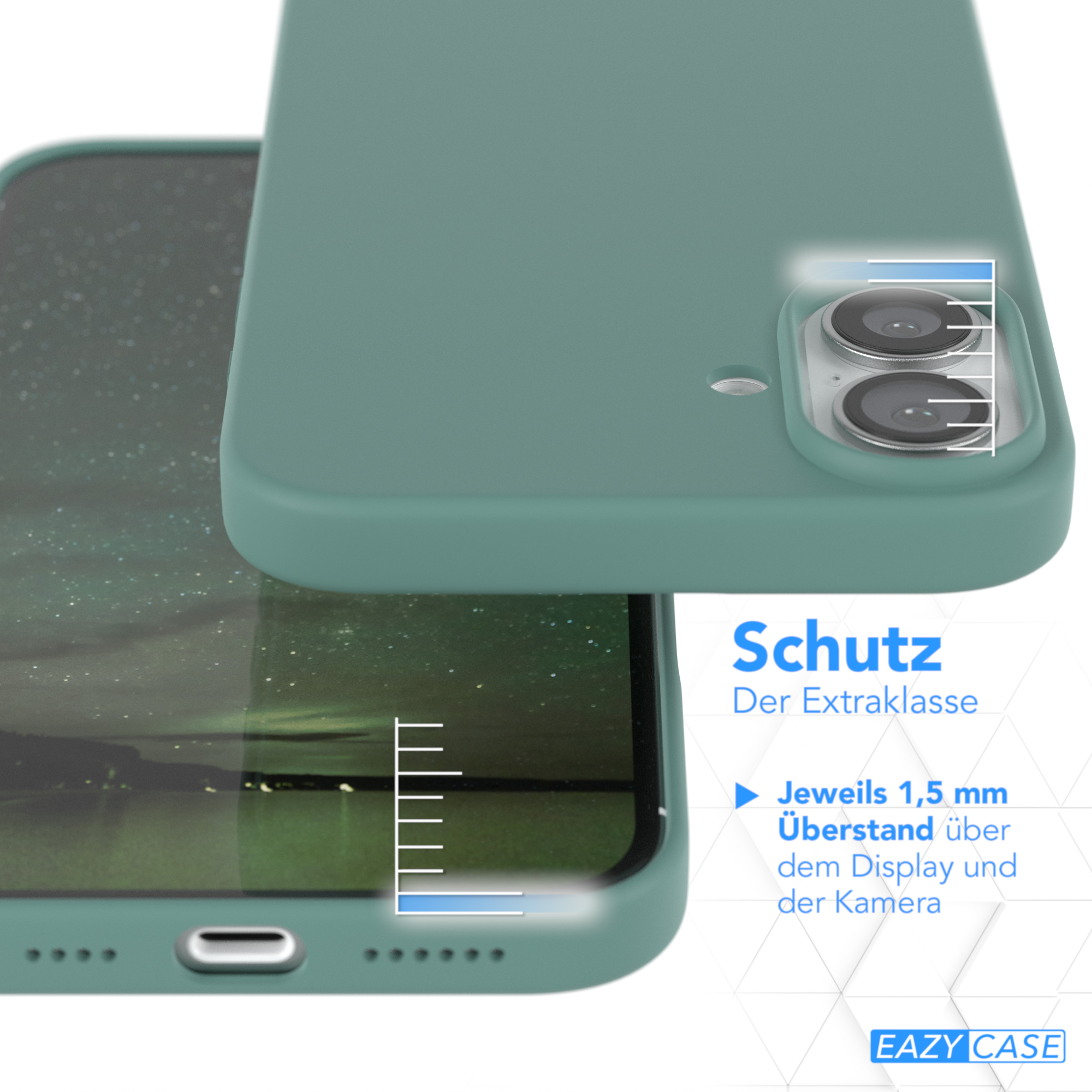 Grüne Handyhülle mit Telefon, Display sichtbar, Text über Schutz.