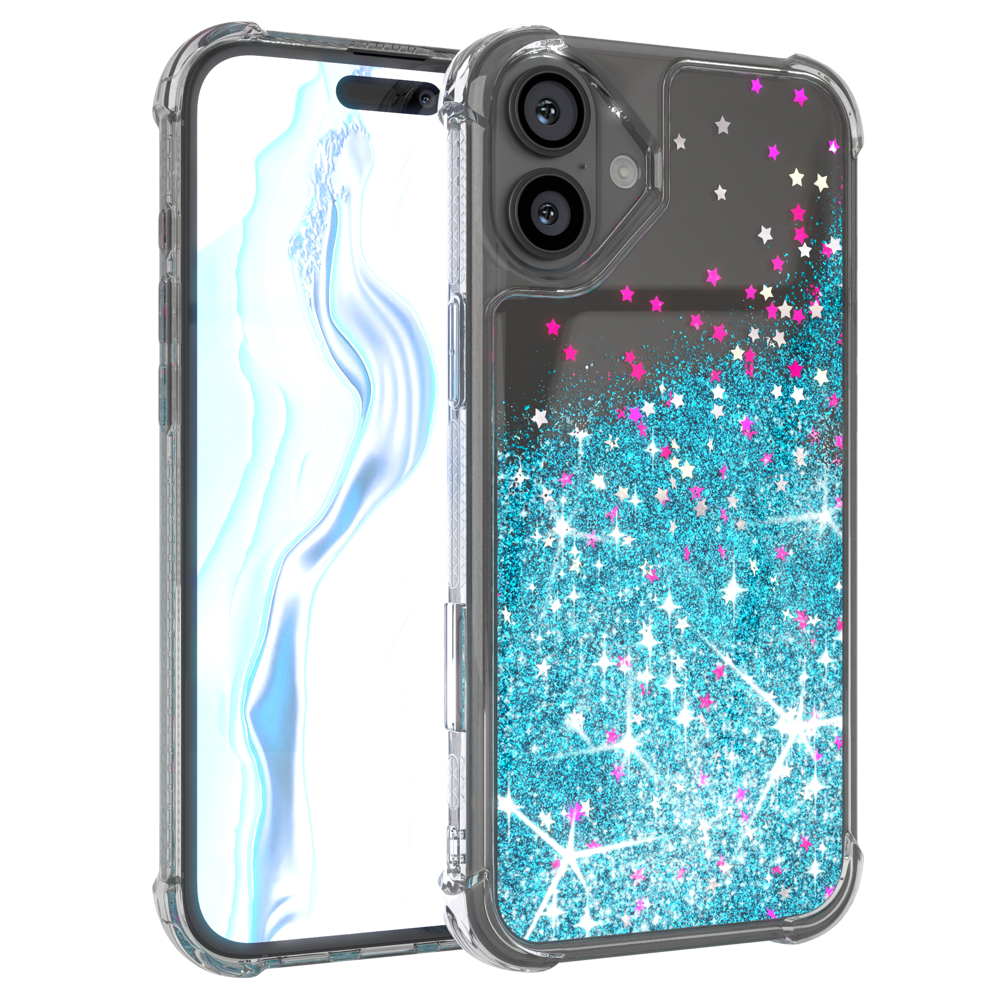Smartphone in durchsichtiger Hülle mit blauem Glitzer und rosa Sternen, neben dem Telefon.