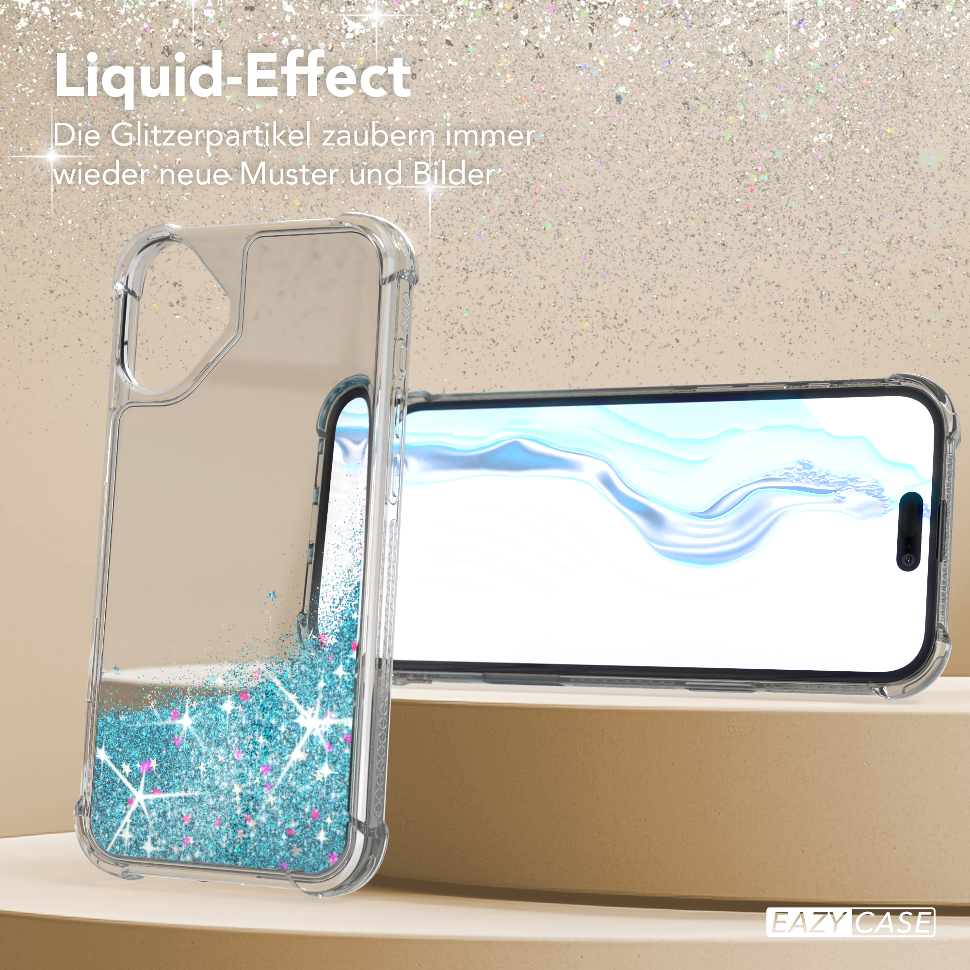 Handyhülle mit Flüssigkeitseffekt. Glitzerpartikel in Blau. Telefonbildschirm ist an.
