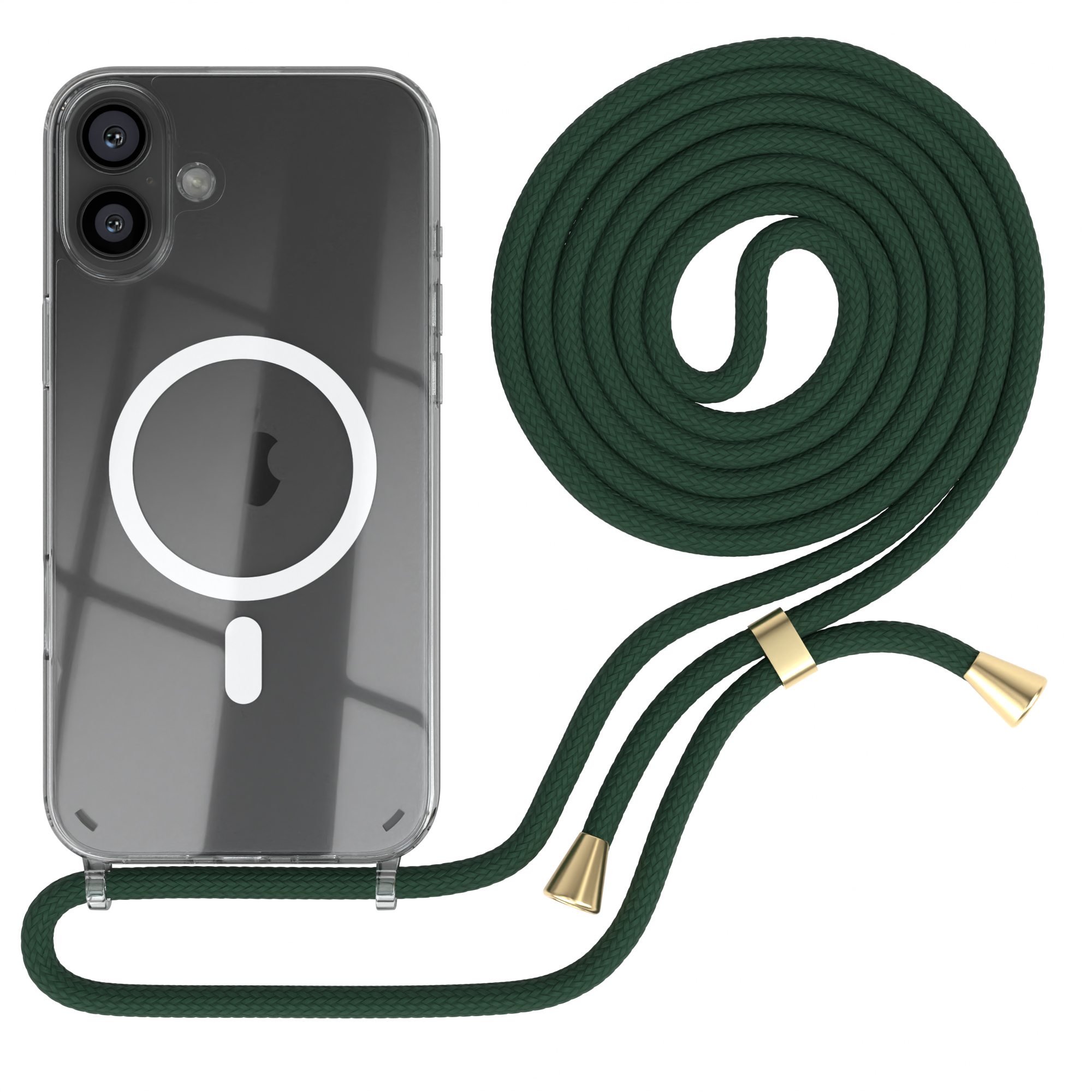 Handyhülle, klar mit Telefon, mit grünem Seilriemen. Goldfarbene Akzente am Riemen.