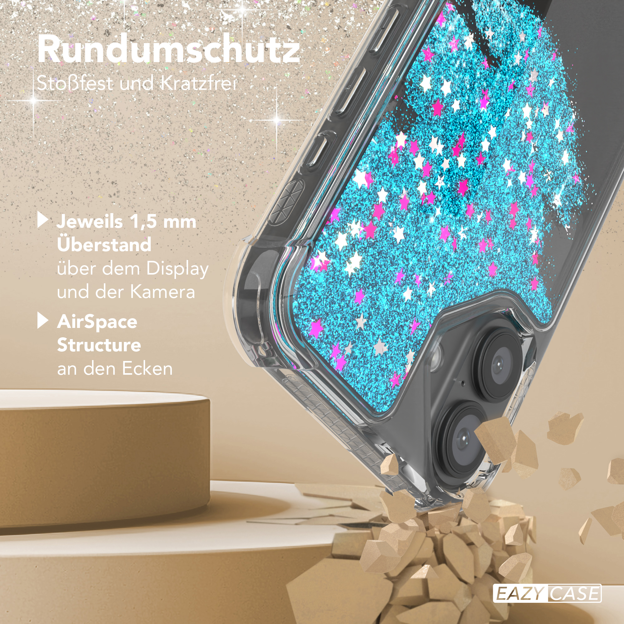 Handyhülle mit Glitzer, Nahaufnahme. Zeigt den Bildschirm- und Kameraschutz.
