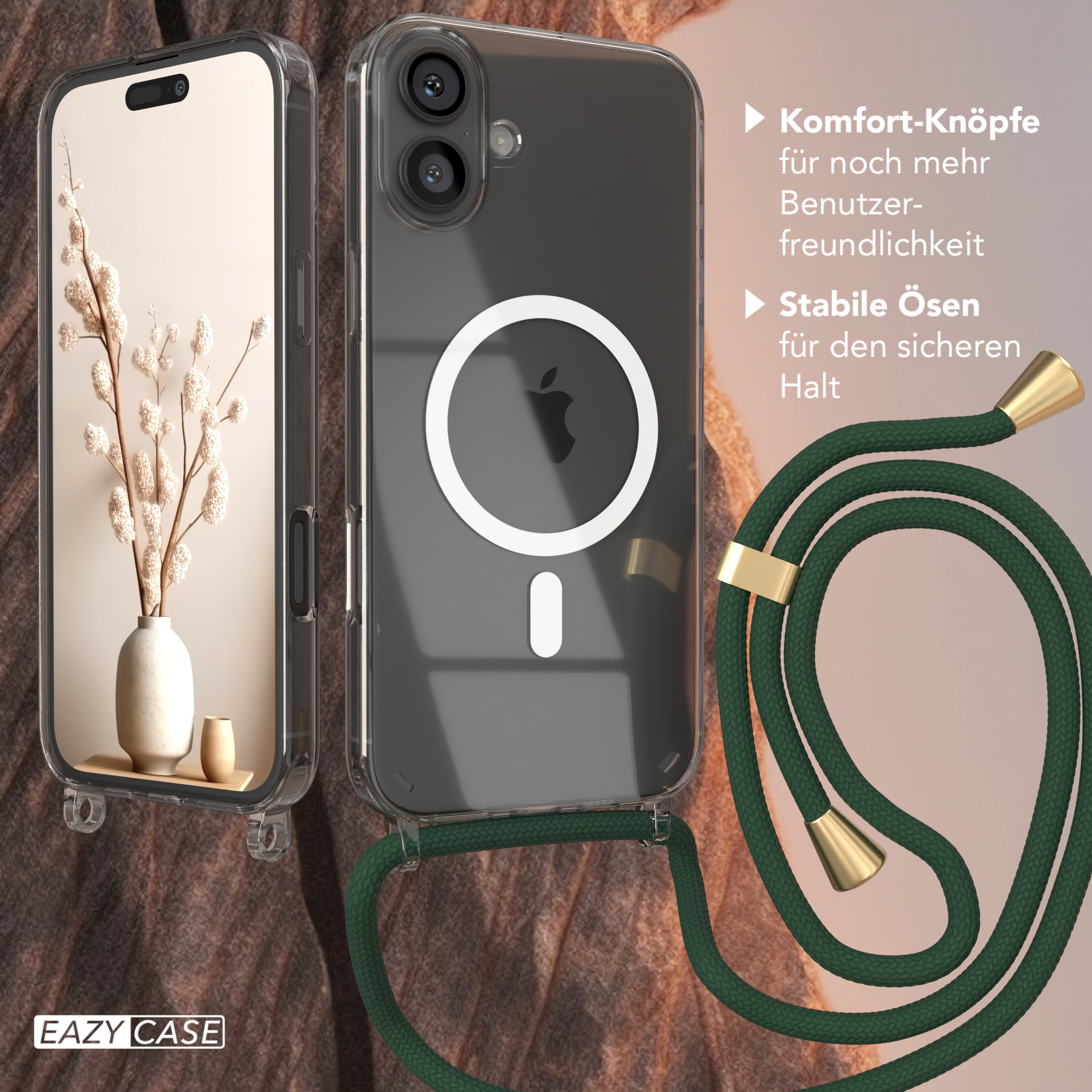 Ein Telefon mit Hülle und Riemen, daneben eine Vase mit Blumen.
