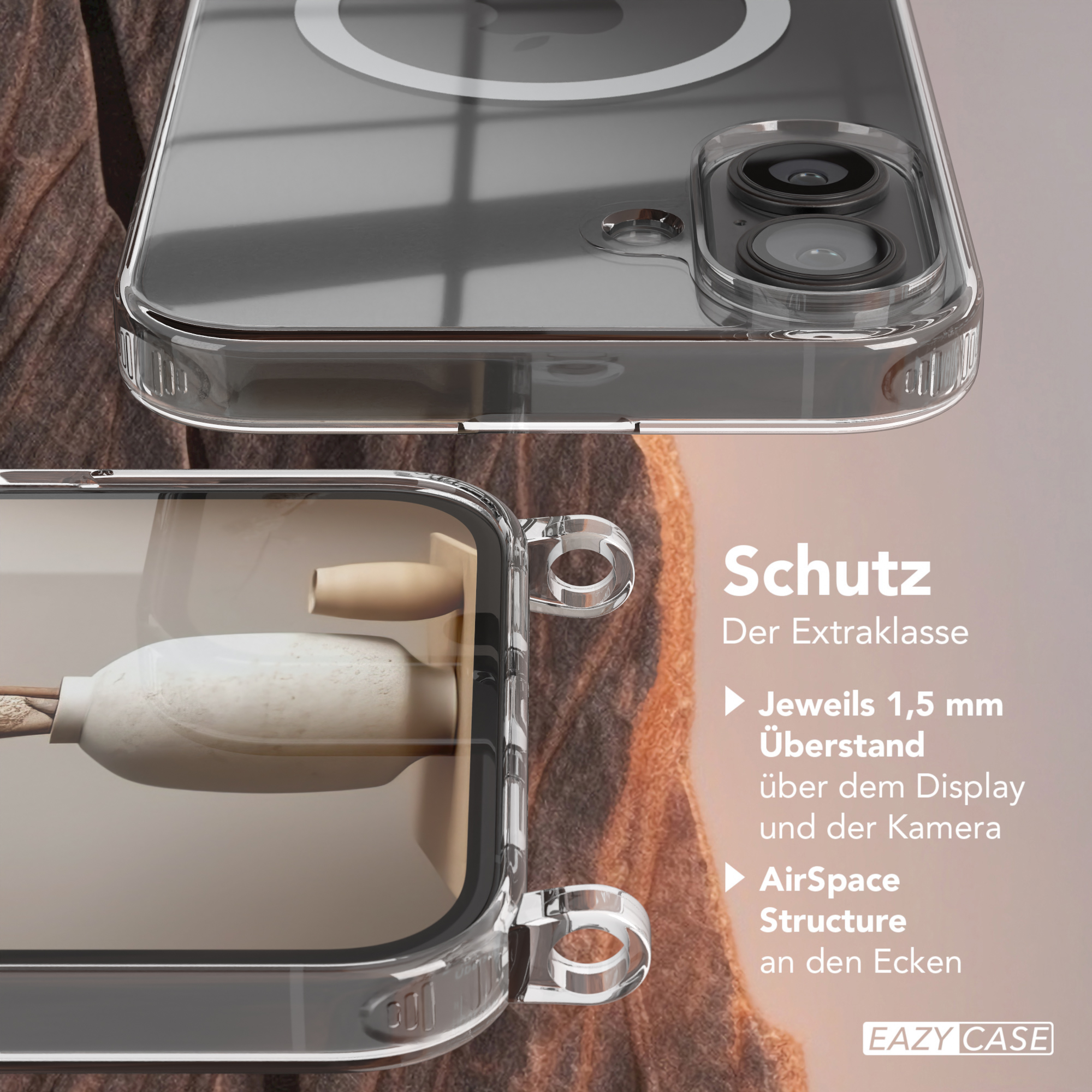 Eine Handyhülle; eine transparente Hülle mit einem Telefon darin, das die Kanten und die Rückseite zeigt.