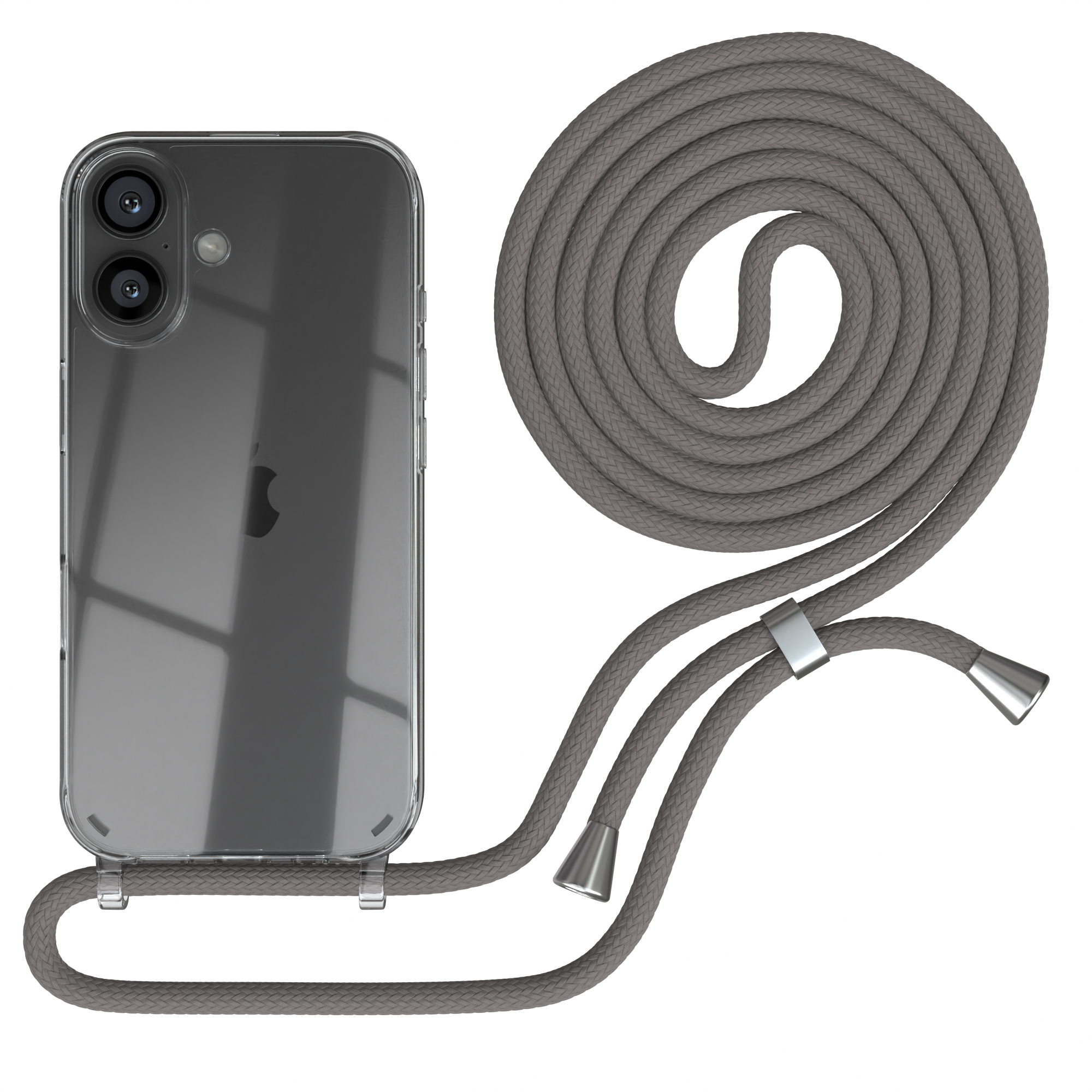 Transparente Handyhülle mit grauem Kordel. Das Telefon ist sichtbar. Die Kordel ist an der Hülle befestigt.