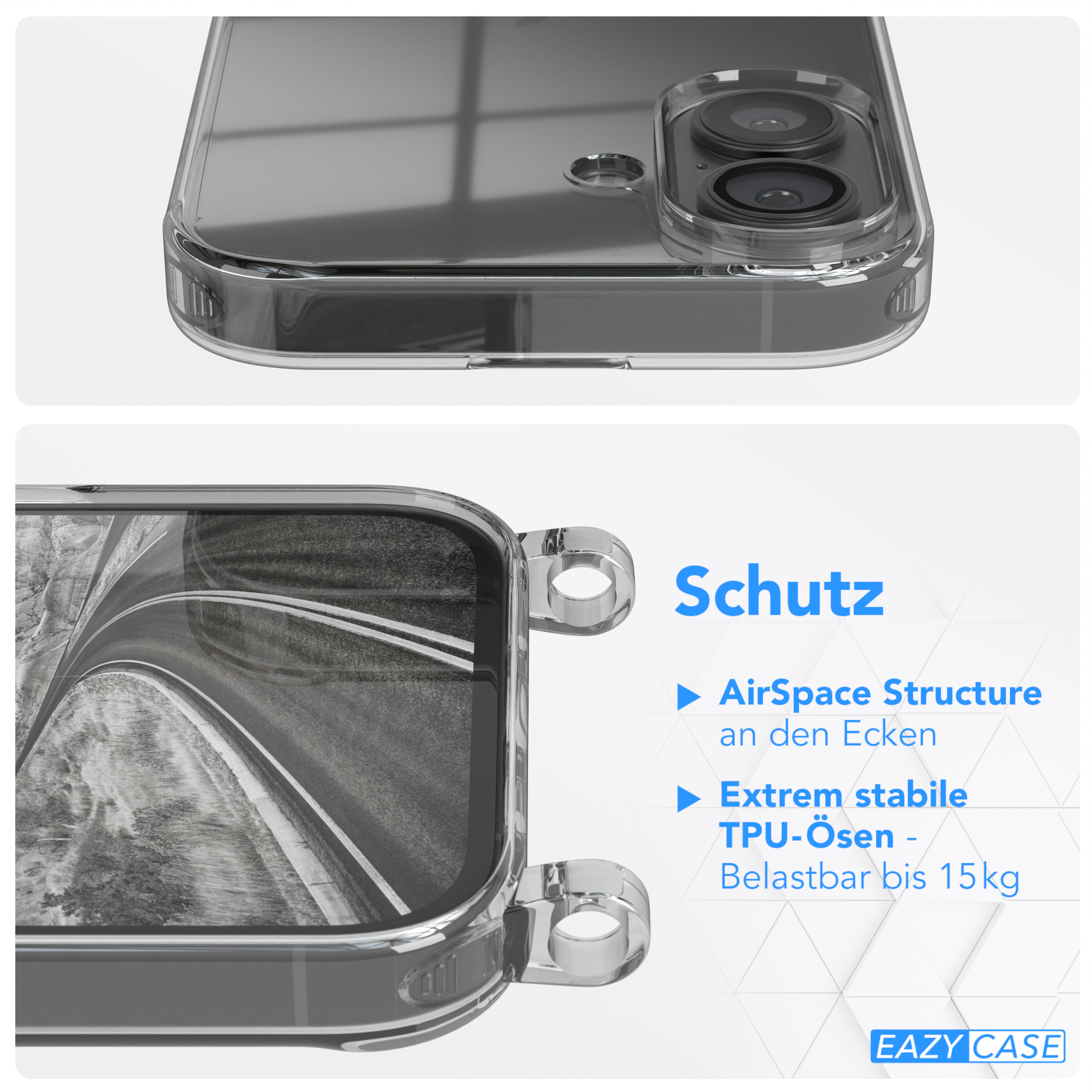 Eine Handyhülle mit transparentem Design. Die Hülle hat einen klaren Rahmen mit Text am Boden.