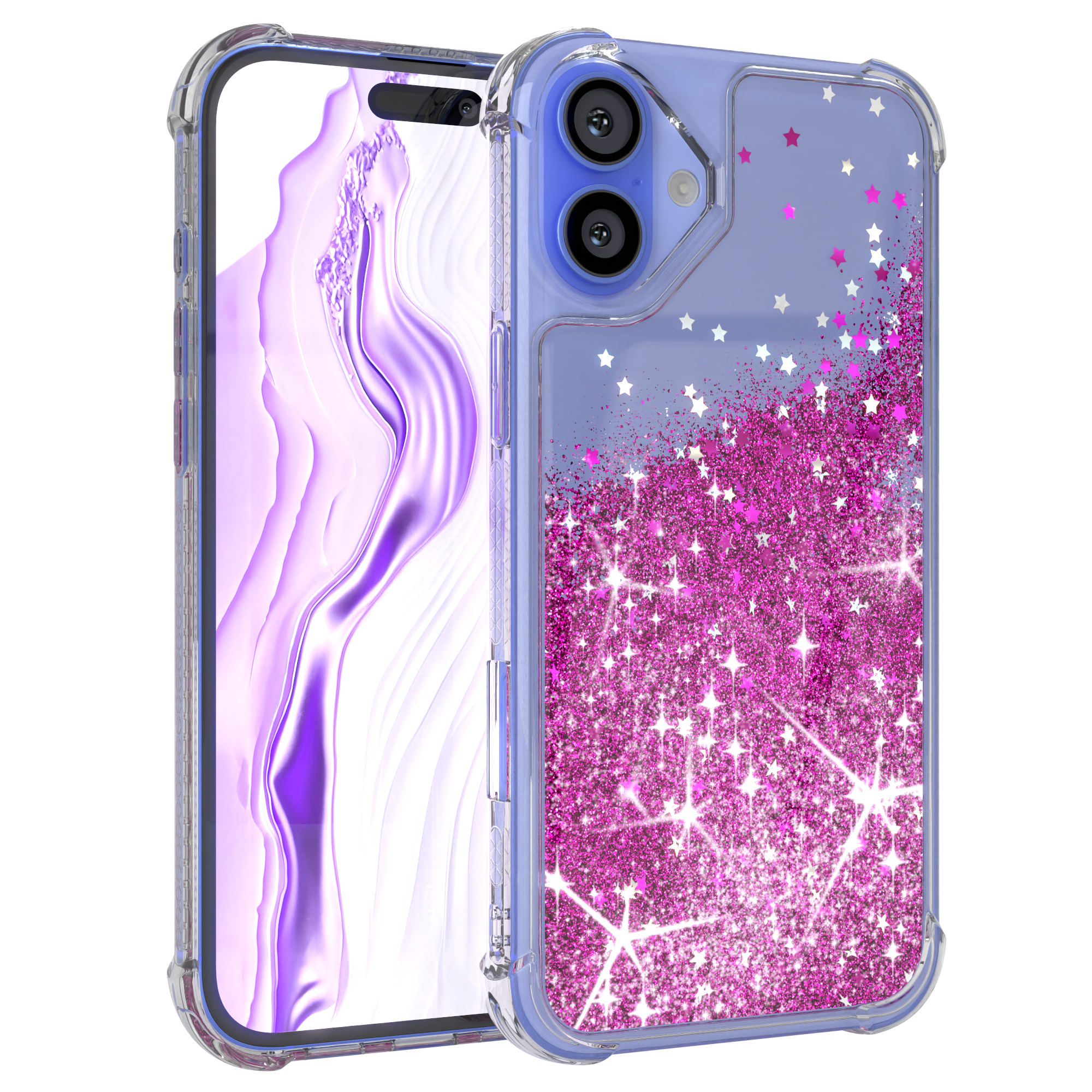 Telefon mit Glitzerhülle. Die Hülle hat Sterne und Glitzer. Weißer Hintergrund.