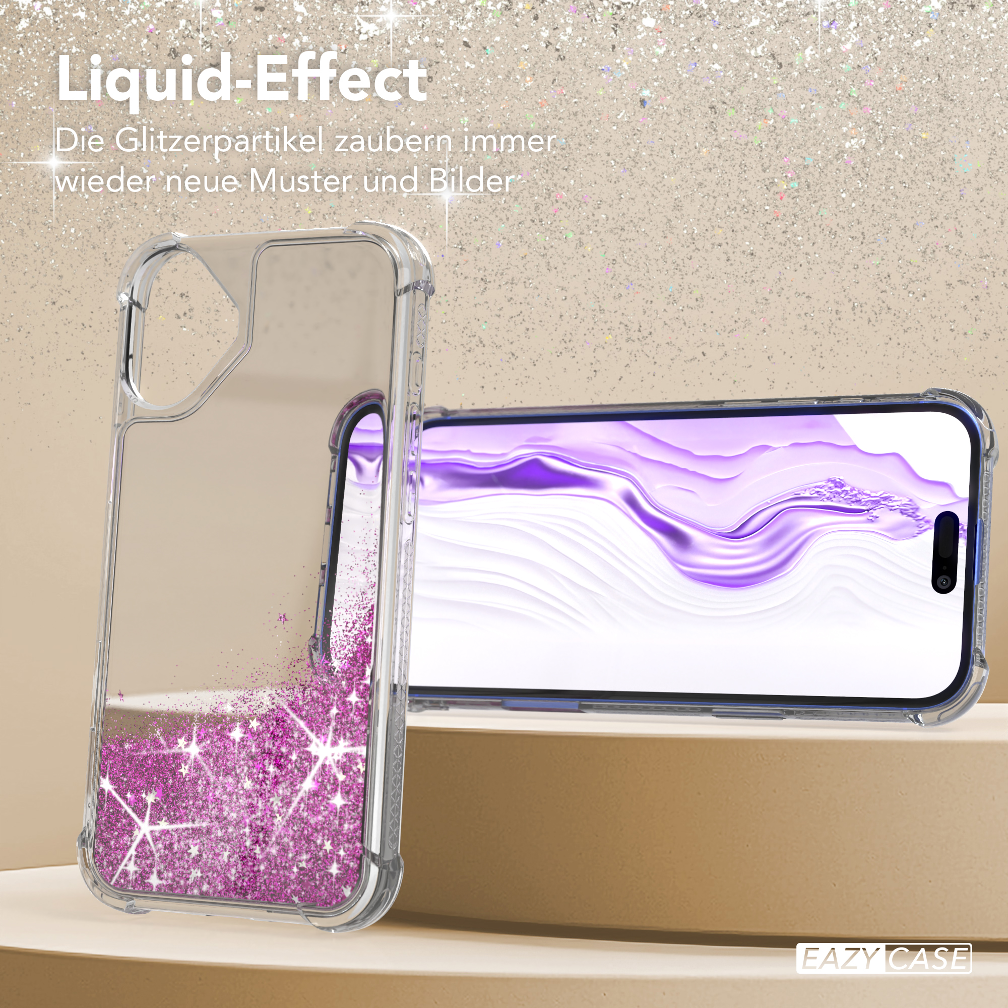 Transparente Handyhülle mit pinkfarbenem Glitzer, neben einem Telefon mit lila Bildschirm.