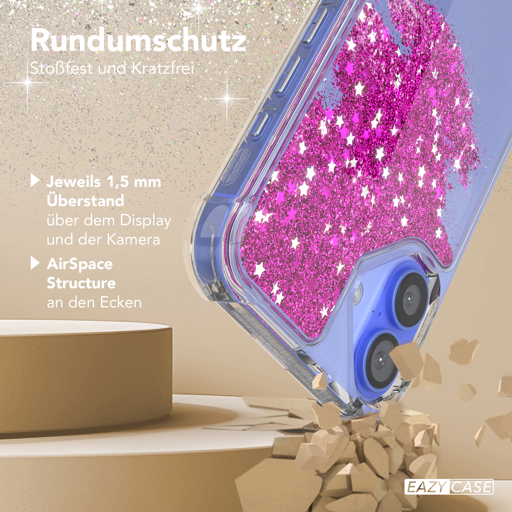 Handyhülle mit rosa Glitzer. Text: Rundumschutz, AirSpace Structure, EAZY CASE Logo.
