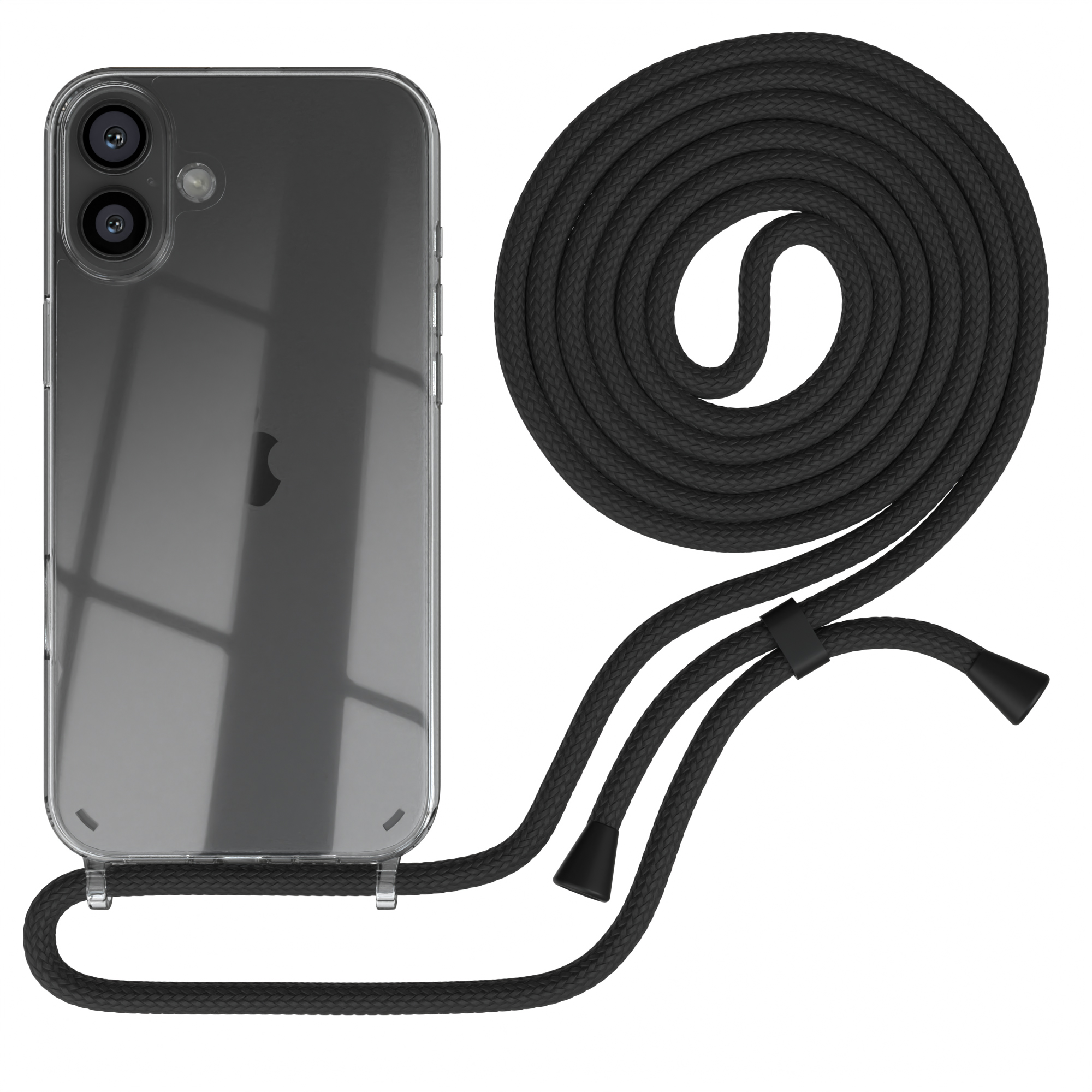 Transparente Handyhülle mit schwarzem Band. Telefon sichtbar. Die Schnur ist aufgerollt. Weißer Hintergrund.